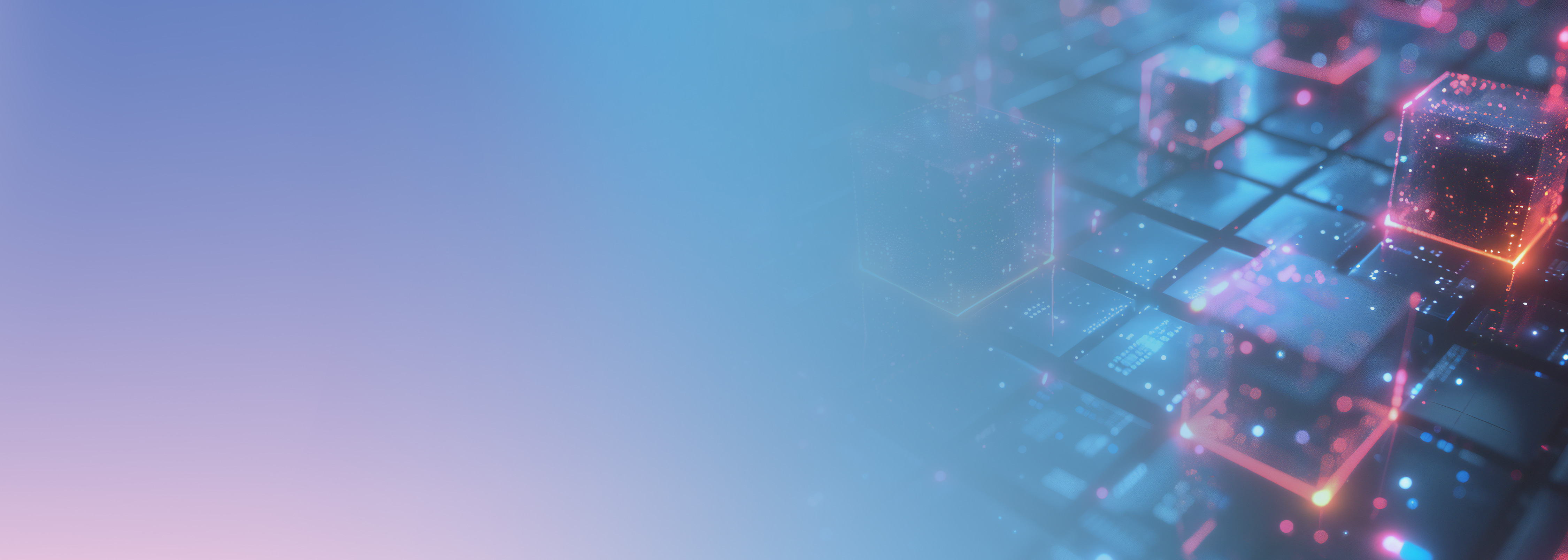 Abstract technology illustration featuring glowing cubes over a grid, symbolizing automation and container orchestration, representing EKS node automated updates.