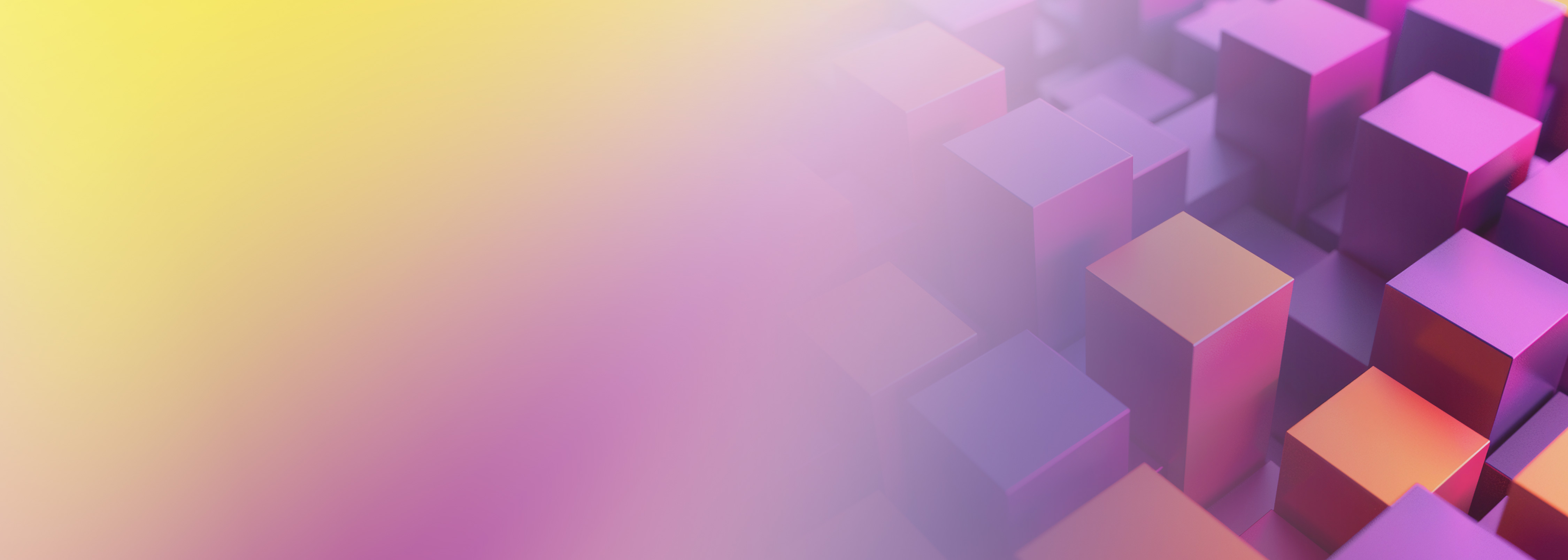 Abstract image featuring 3D cubes in purple and orange tones on the right, fading into a soft yellow and pink gradient overlay on the left. Modern and geometric visual style.