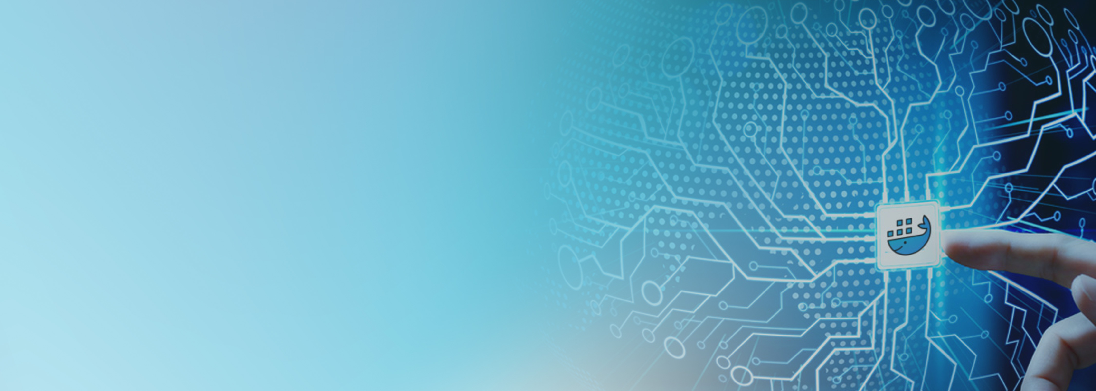 A close-up of a hand pressing a Docker logo button on a digital interface with a blue circuit pattern background. Represents technology, databases, and cloud computing.