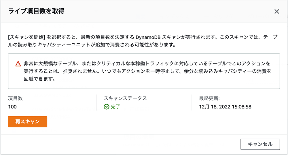 A screenshot of the Amazon DynamoDB user interface in Japanese, displaying a live item count scan with a warning message about scanning large tables and high-traffic tables. The UI includes a completion status and options to rescan or cancel.