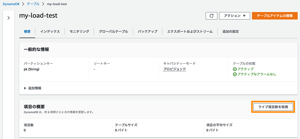 Screenshot of the Amazon DynamoDB console showing details for the 'my-load-test' table in Japanese, including table status, partition key information, and item overview.