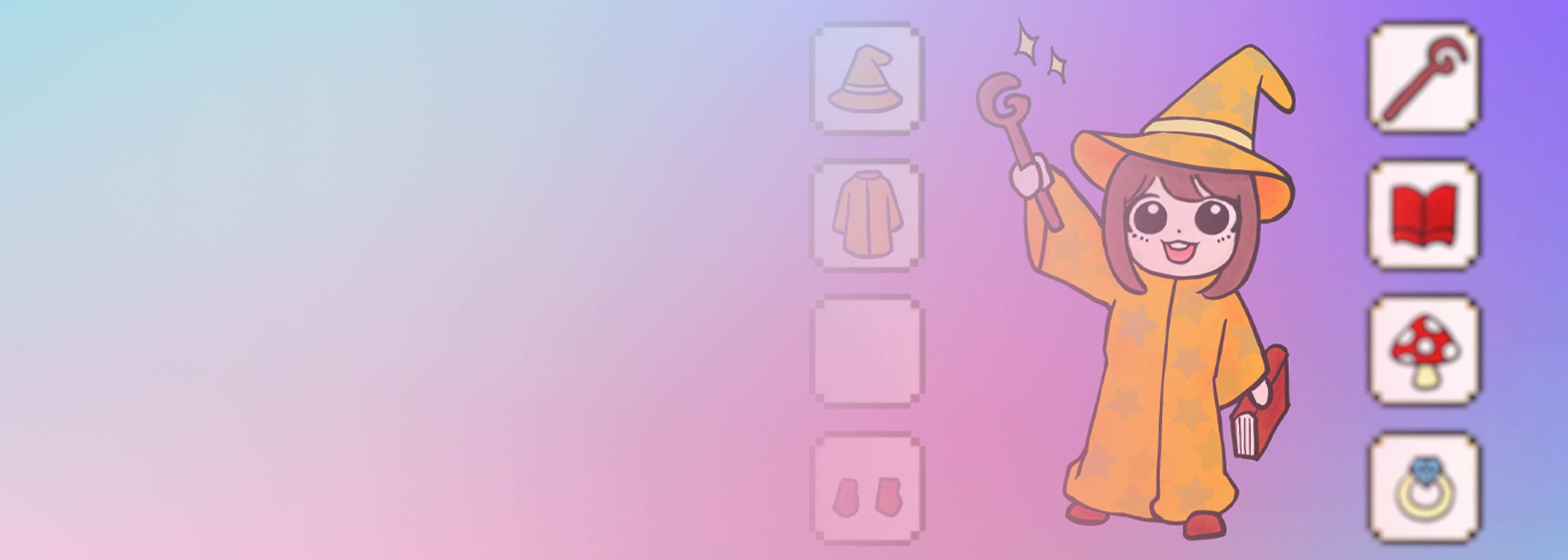Illustration of a cartoon wizard character in a yellow robe, standing beside a game inventory UI with item icons, on a pastel gradient background. Represents a game inventory concept, suitable for DynamoDB use case imagery.