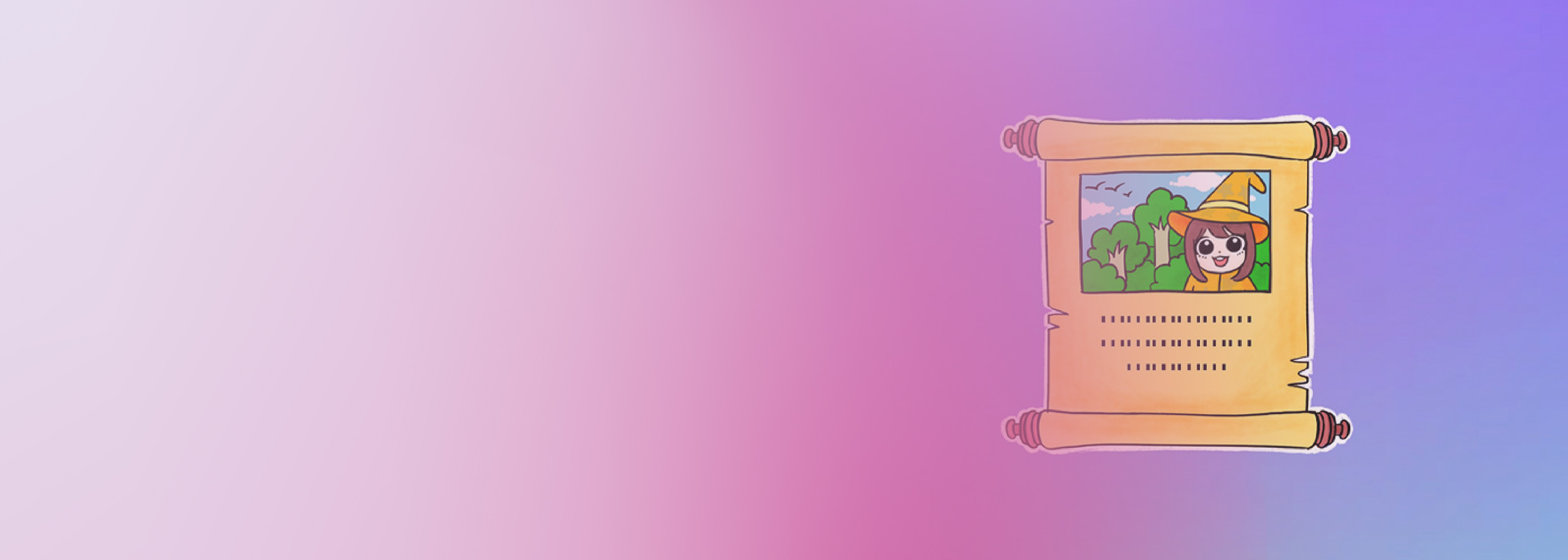 An illustration featuring a whimsical quest scroll with a character in a wizard hat, representing quest management, on a vibrant pink and purple gradient background. Associated with Amazon DynamoDB and non-relational databases.