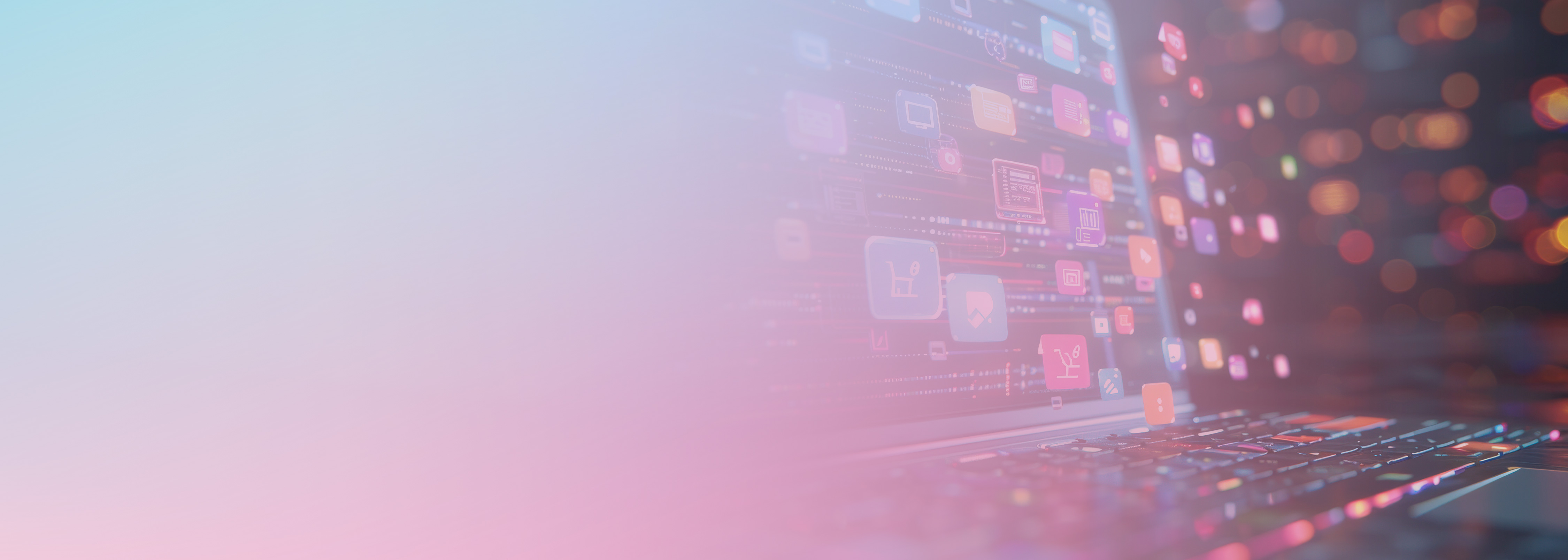 A conceptual image showing a laptop keyboard with floating digital interface icons, symbolizing infrastructure automation and management using AWS Cloud Development Kit (CDK). The image uses a gradient overlay of pink and blue tones for a modern, technology-focused atmosphere.