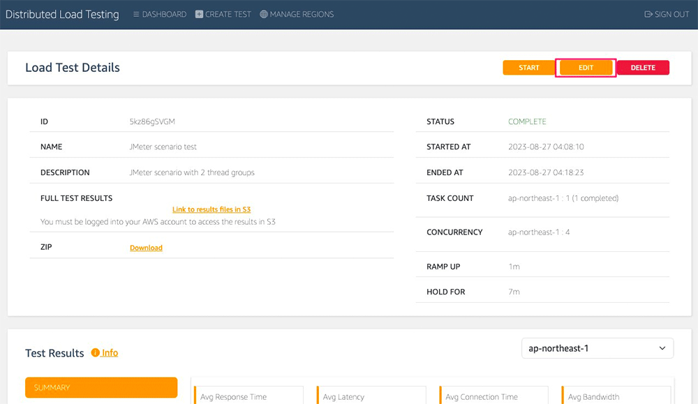 Screenshot of the Distributed Load Testing UI on AWS, displaying load test details for a JMeter scenario test with two thread groups. The test is completed, showing options to start, edit, or delete, and providing access to full test results and download links. Includes information about concurrency, ramp up, hold duration, and test region.