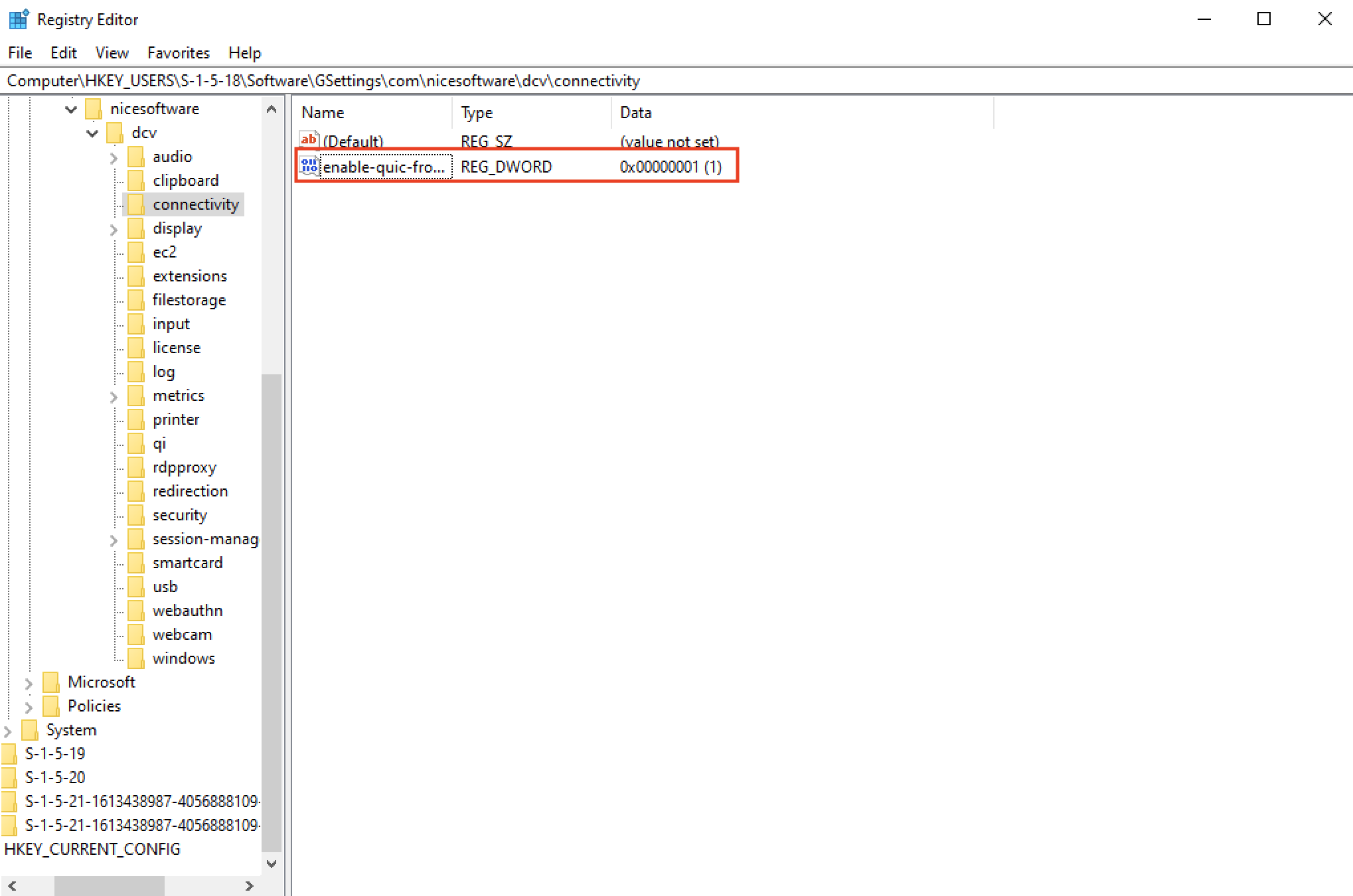 Screenshot of the Windows Registry Editor showing the path to NICE DCV connectivity settings with the 'enable-quic-front-end' REG_DWORD parameter set to 0x00000001 (1). Useful for reference in configuring NICE DCV for end-user computing environments.