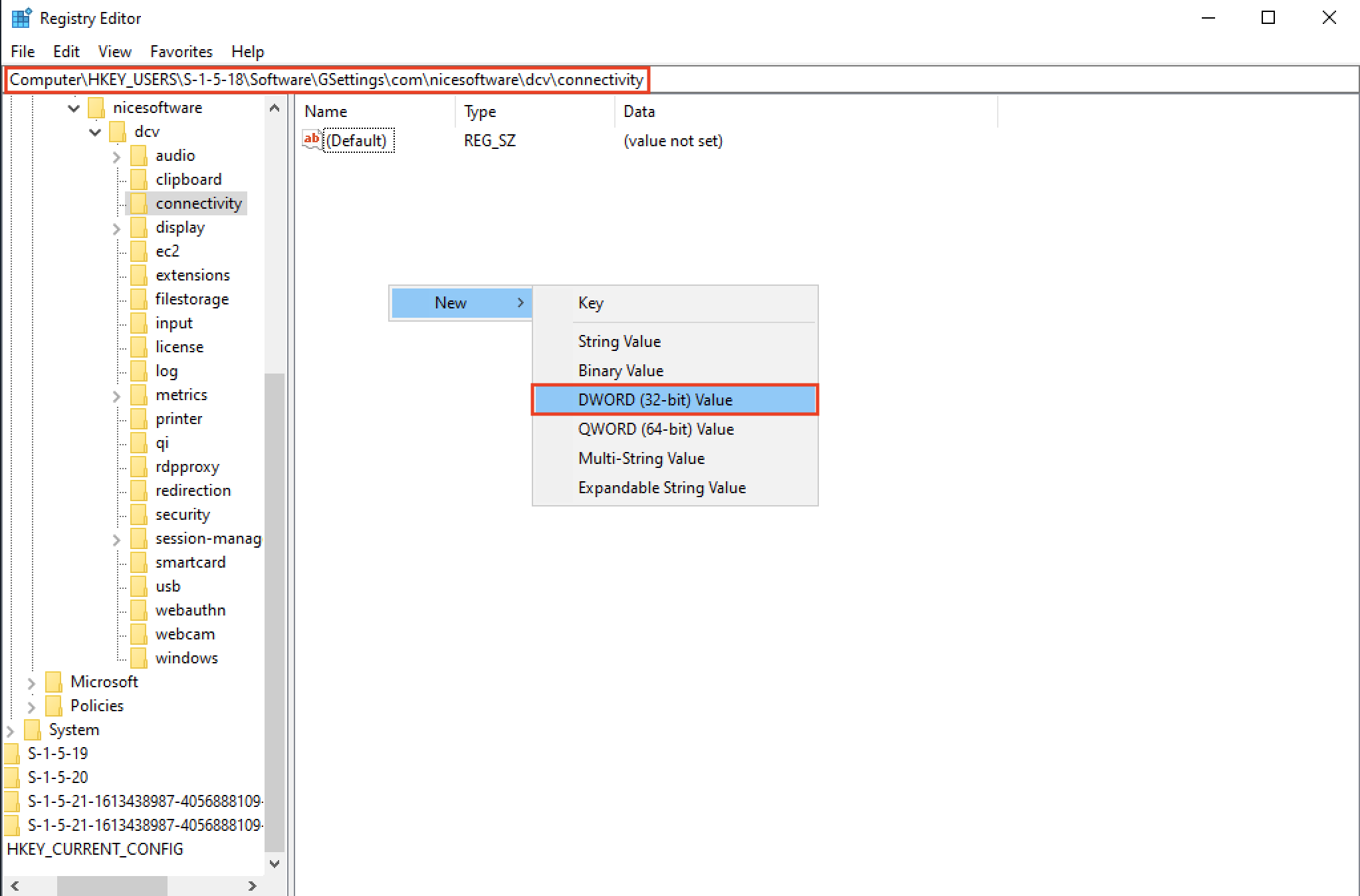 Screenshot of Windows Registry Editor showing the path for configuring NICE DCV connectivity settings. The context menu to create a new DWORD (32-bit) Value is highlighted under the 'connectivity' key, useful for end-user computing setup and software customization.