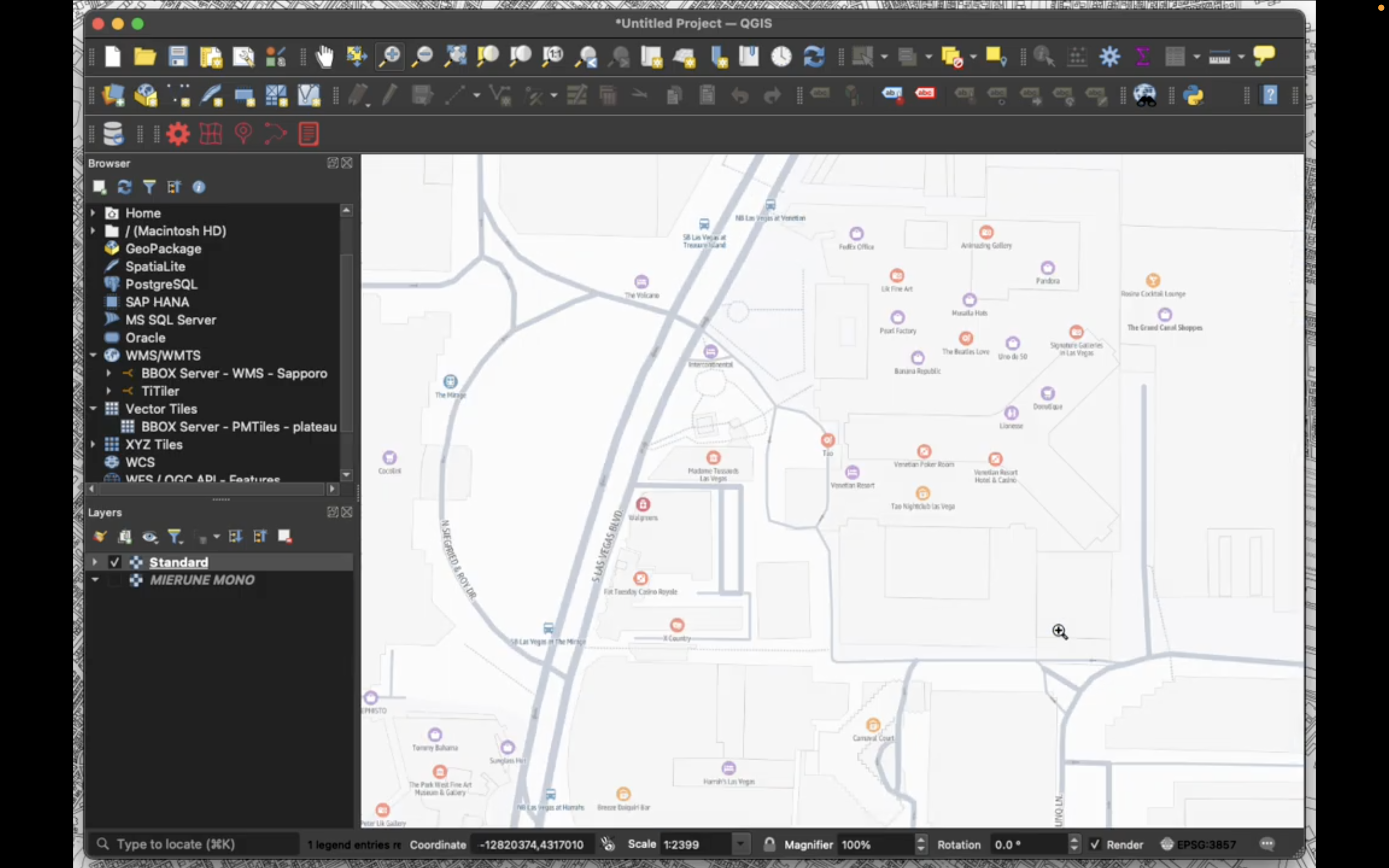 Screenshot of the QGIS application displaying a frontend web and mobile map visualization, showing various map layers, tools, and a map view of a city area with labeled locations and navigation features.