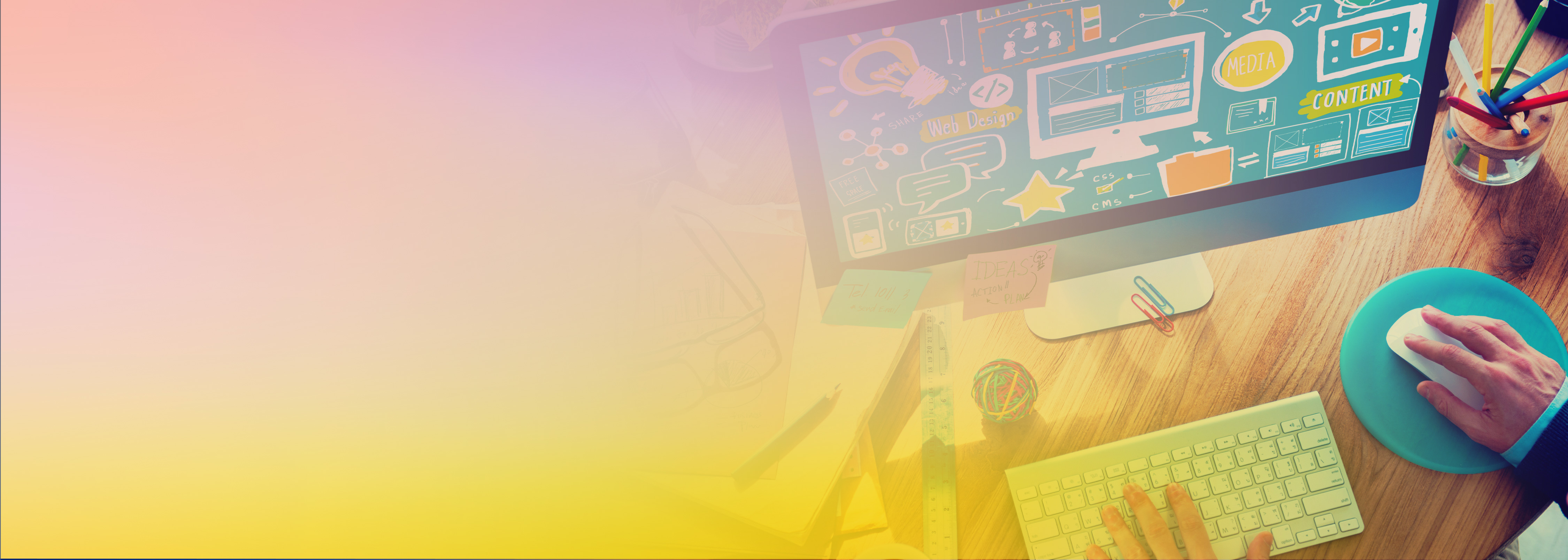 A colorful image showing a desk with a computer screen displaying web design concepts, including icons for media, content, and chat, alongside hands working with a mouse and keyboard. The image conveys the creative process of using AI-powered tools for web page generation.