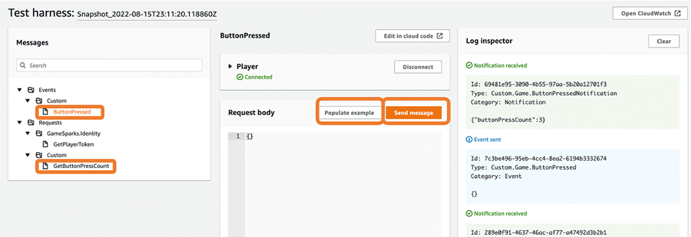 Screenshot of the AWS GameSparks test harness interface displaying the ButtonPressed event, request body, and log inspector. The image shows a sample event run with log details and notifications for game event testing and debugging.