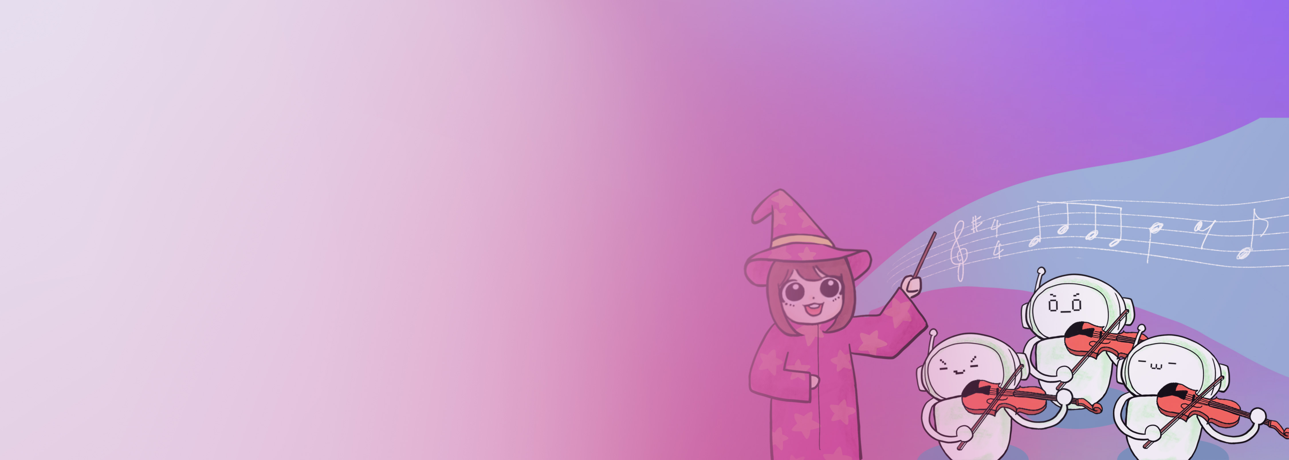 An illustration featuring a wizard character conducting three robots playing violins, with a music staff on a purple and pink gradient background. The image represents game music and creativity.