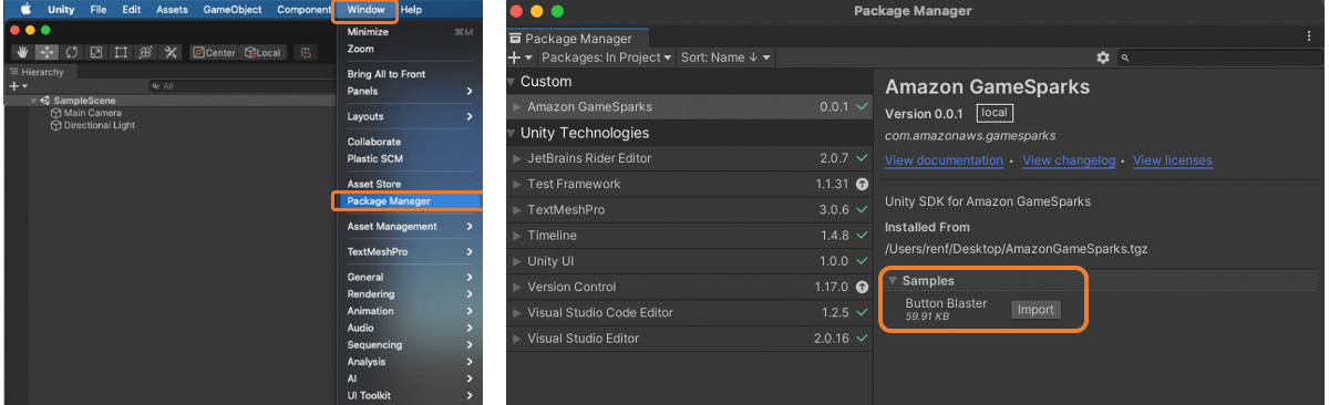 Screenshot of the Unity editor showing how to access the Package Manager and import the Amazon GameSparks sample ('Button Blaster'). The image displays the process of navigating the Unity menu under Window > Package Manager and the package details for Amazon GameSparks, with the sample import button highlighted.