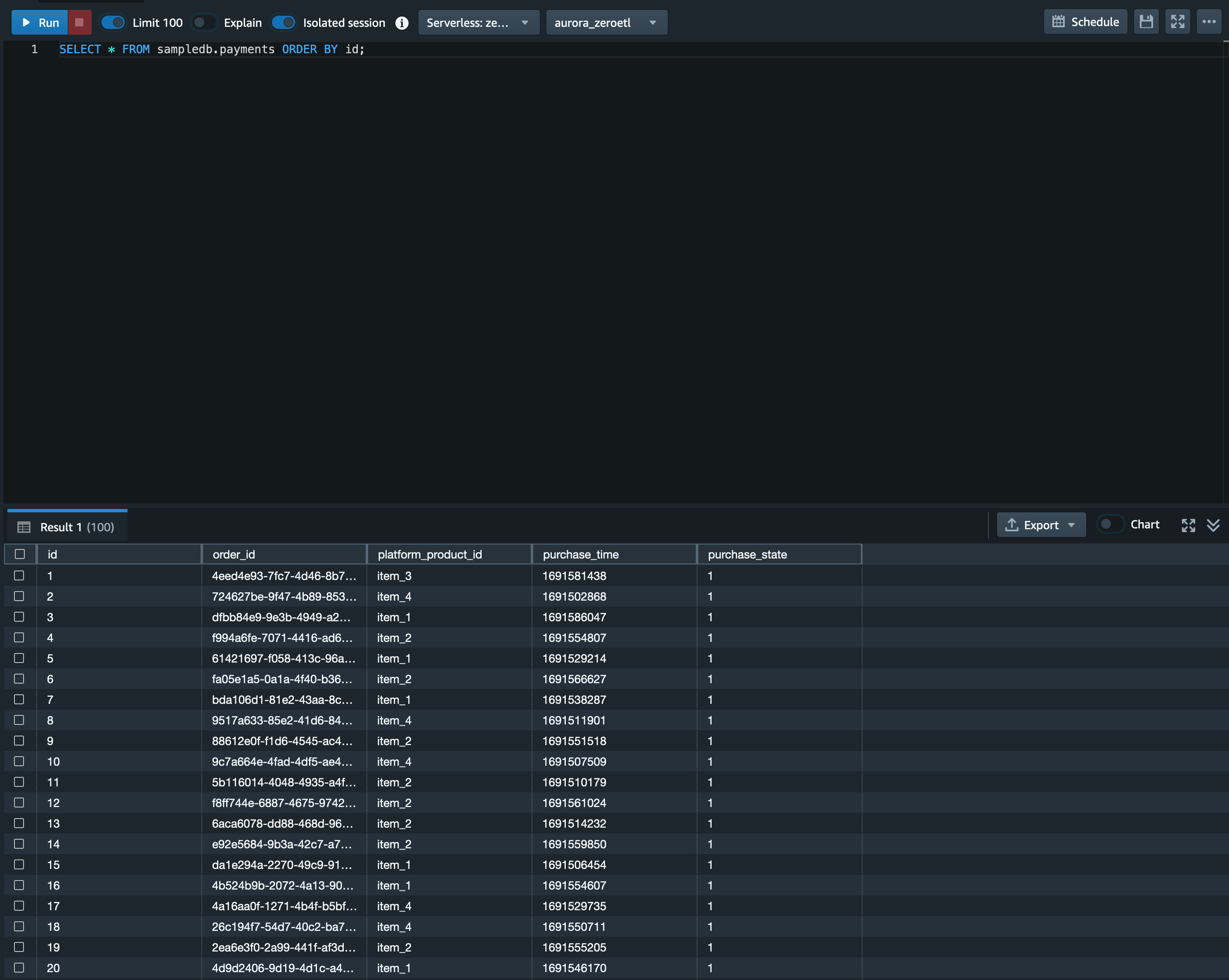 Screenshot of a database query interface displaying a SQL query for payment analytics in a gaming context. The image shows a query 'SELECT * FROM sampledb.payments ORDER BY id;' and a table of payments data with columns such as id, order_id, platform_product_id, purchase_time, and purchase_state.