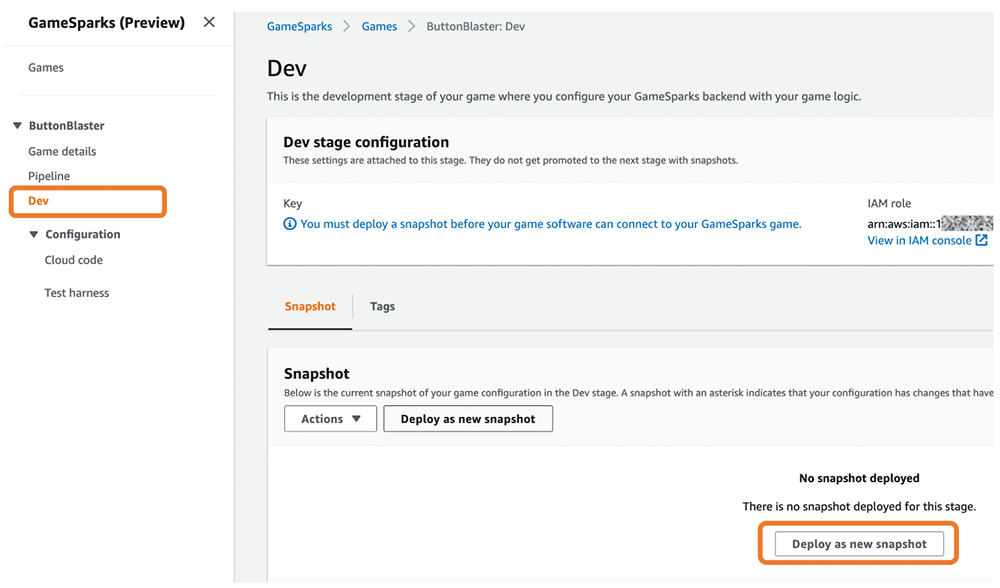 Screenshot of the AWS GameSparks development stage interface showing snapshot deployment options. The interface includes navigation for game configuration, a Dev stage configuration panel, and a section for deploying or managing snapshots of game backend settings.