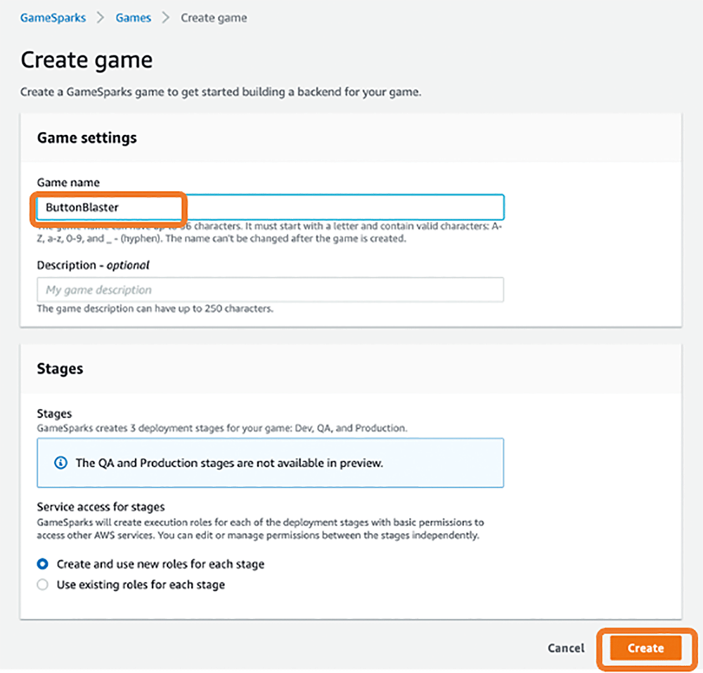 Screenshot of the AWS GameSparks console showing the process of creating a new game called 'ButtonBlaster'. The image includes game settings, stages, and options for creating or using roles for each stage, with the 'Create' button highlighted.