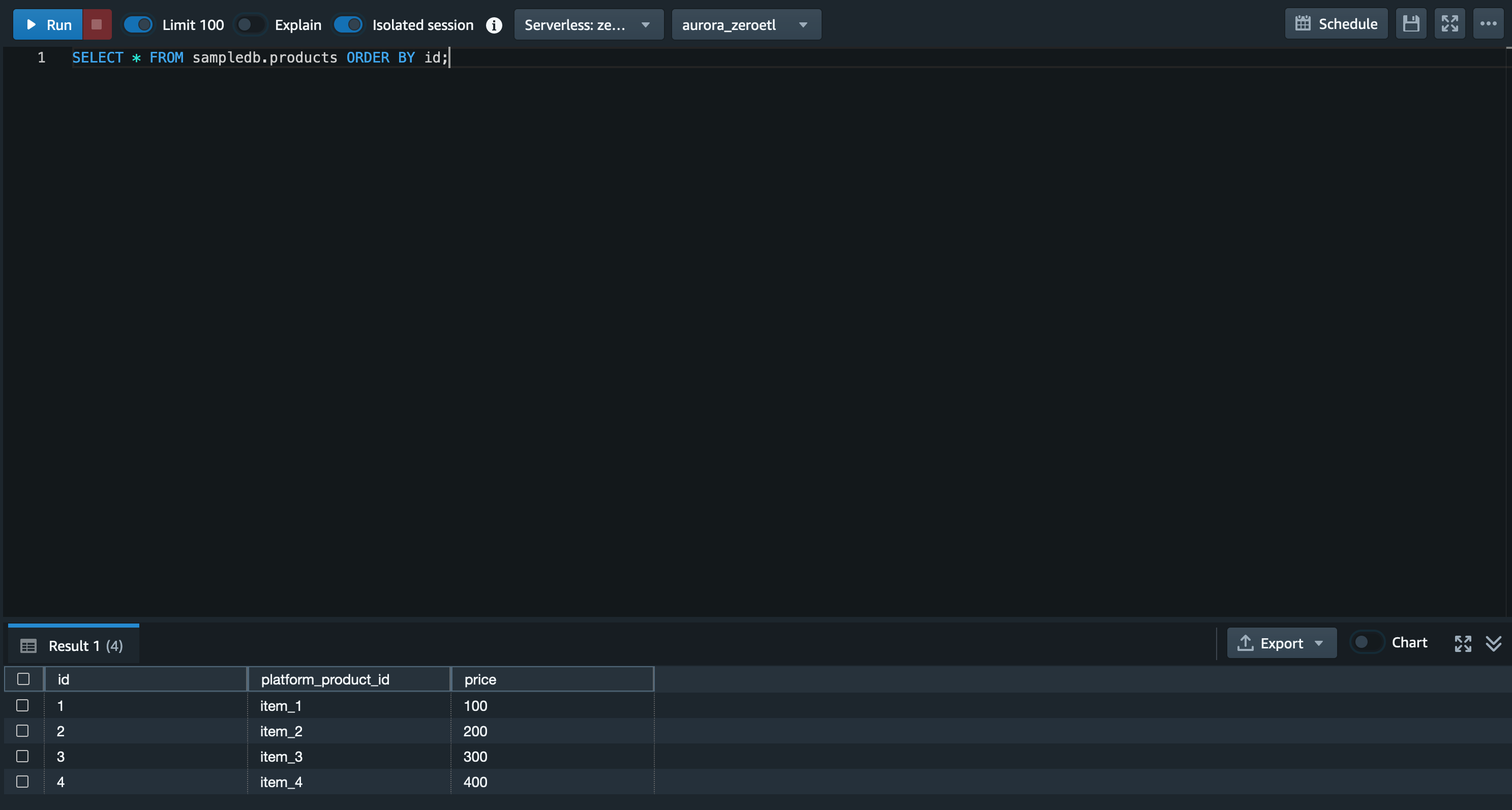 A screenshot of a SQL query console displaying the query 'SELECT * FROM sampledb.products ORDER BY id;', along with tabular results showing product IDs, platform product IDs, and prices. The interface includes query controls and result export options.