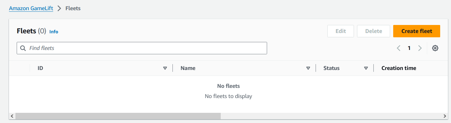 Screenshot of the Amazon GameLift console Fleets page, showing no fleets available and options to create, edit, or delete fleets.