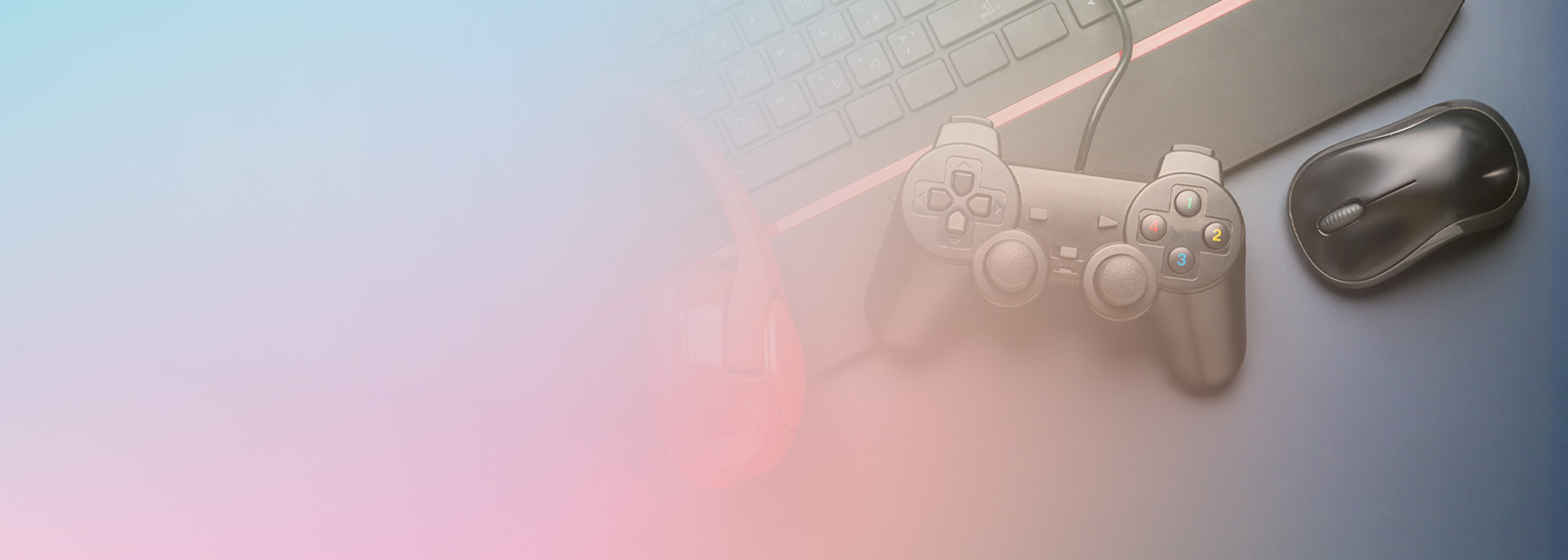 A computer keyboard, game controller, computer mouse, and headphones on a desk with a blue and pink gradient overlay, representing equipment for a gaming server environment.