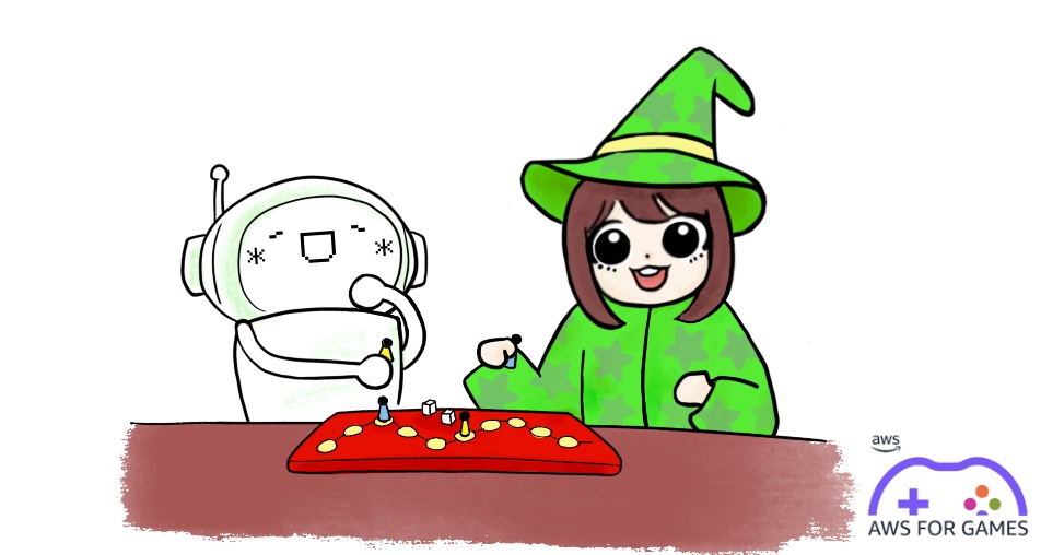 A playful illustration featuring a robot and a person in a green wizard costume playing a board game together. The image includes the 'AWS for Games' logo in the bottom right corner.