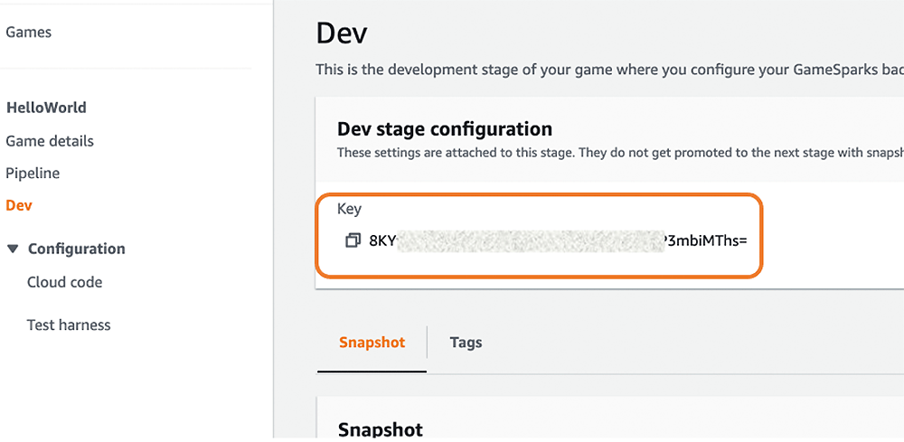 Screenshot of the AWS GameSparks development stage configuration page, displaying a configuration key for the 'Dev' environment of a game backend setup.