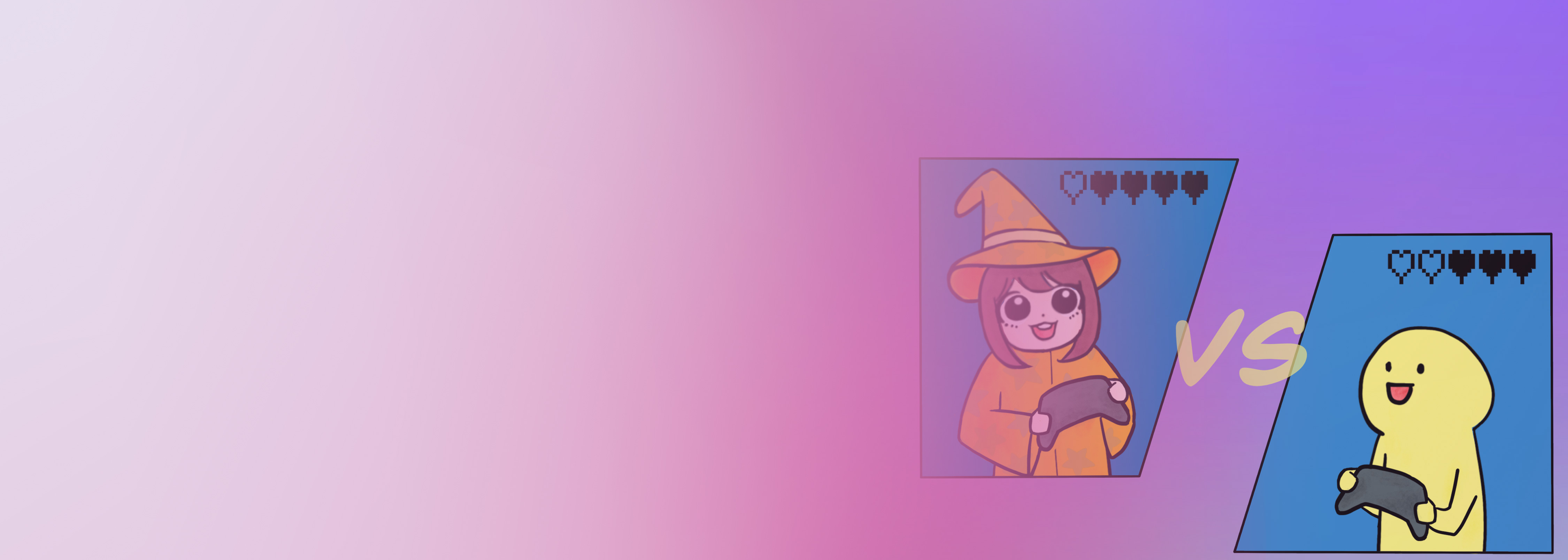 Illustration showing two cartoon game characters, one in a wizard hat and the other a yellow figure, both holding game controllers with heart icons and 'VS' symbol, representing a competitive gaming scenario for Agones on EKS dedicated game servers. Gradient pink and purple background.