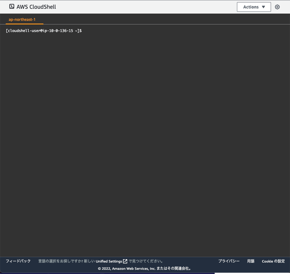 Screenshot of AWS CloudShell terminal open in the ap-northeast-1 region, displaying a shell prompt for cloudshell-user on an AWS-managed environment. The interface is shown with Japanese localization options at the bottom.