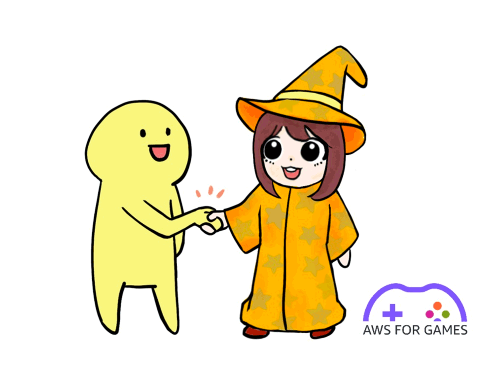 Cartoon illustration of two characters shaking hands, one in yellow and the other dressed as a wizard with a star-patterned robe and hat, featuring the AWS for Games logo.