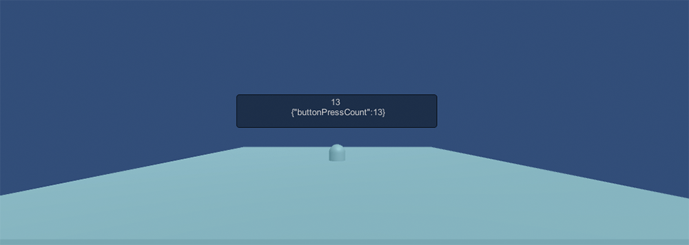 A visualization of a game backend service demo showing the button press count. The image features a 3D scene with a counter displaying the number of button presses and the count value in JSON format.