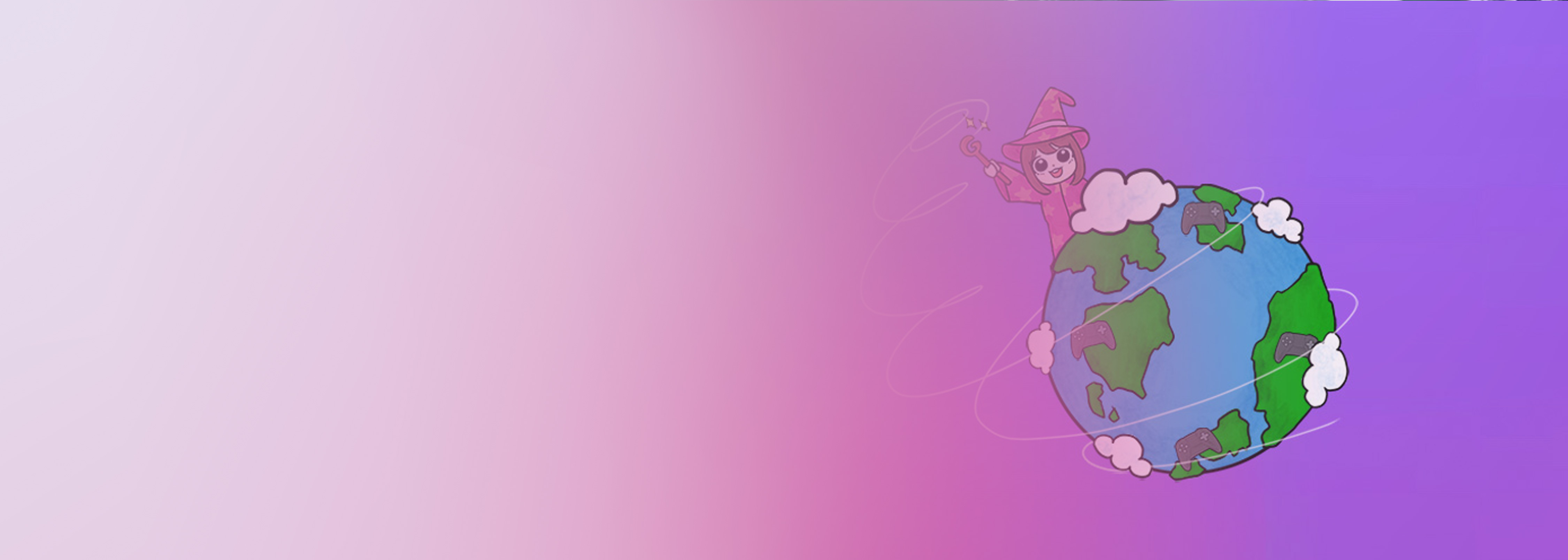 An illustration featuring an anime-style wizard character standing on top of a globe with game controllers on the continents, with a soft pink and purple gradient background.
