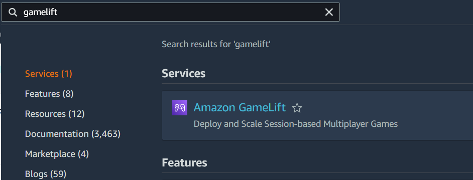 Screenshot of the AWS Management Console showing a search for 'gamelift' with Amazon GameLift listed under Services. Amazon GameLift enables deploying and scaling session-based multiplayer games.