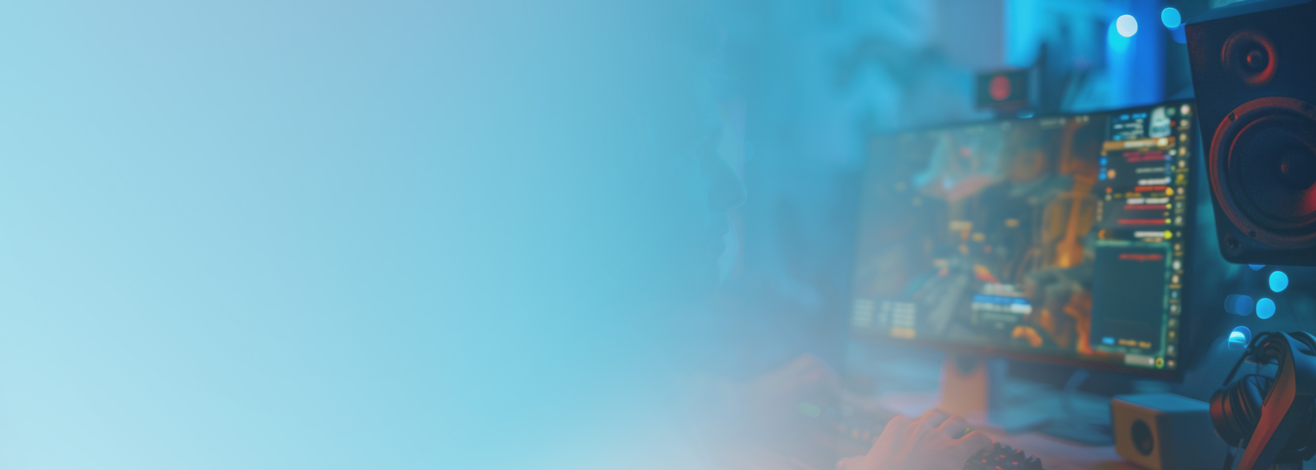 A person at a gaming setup with a monitor displaying a multiplayer game's chat interface, representing live guild chat functionality and event updates, with a blue overlay effect.