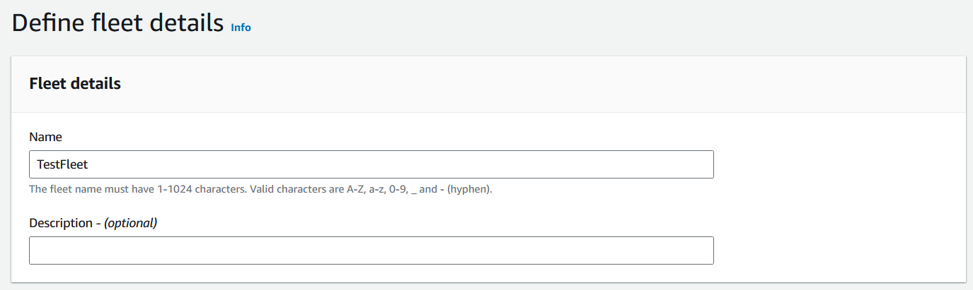 Screenshot of the 'Define fleet details' section in the AWS Management Console showing fields for entering the fleet name and optional description, with an example fleet name 'TestFleet' entered.
