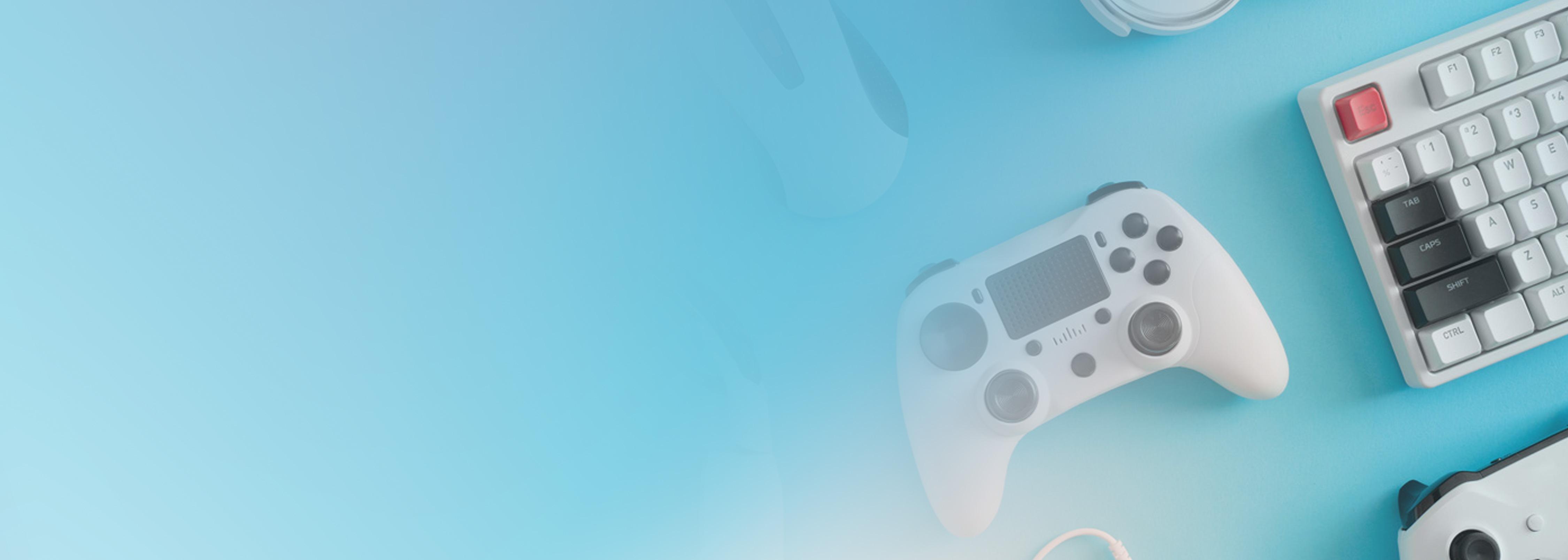 A top-down view of a white gaming controller, mouse, and mechanical keyboard on a light blue background, representing tools for building a serverless multiplayer game.