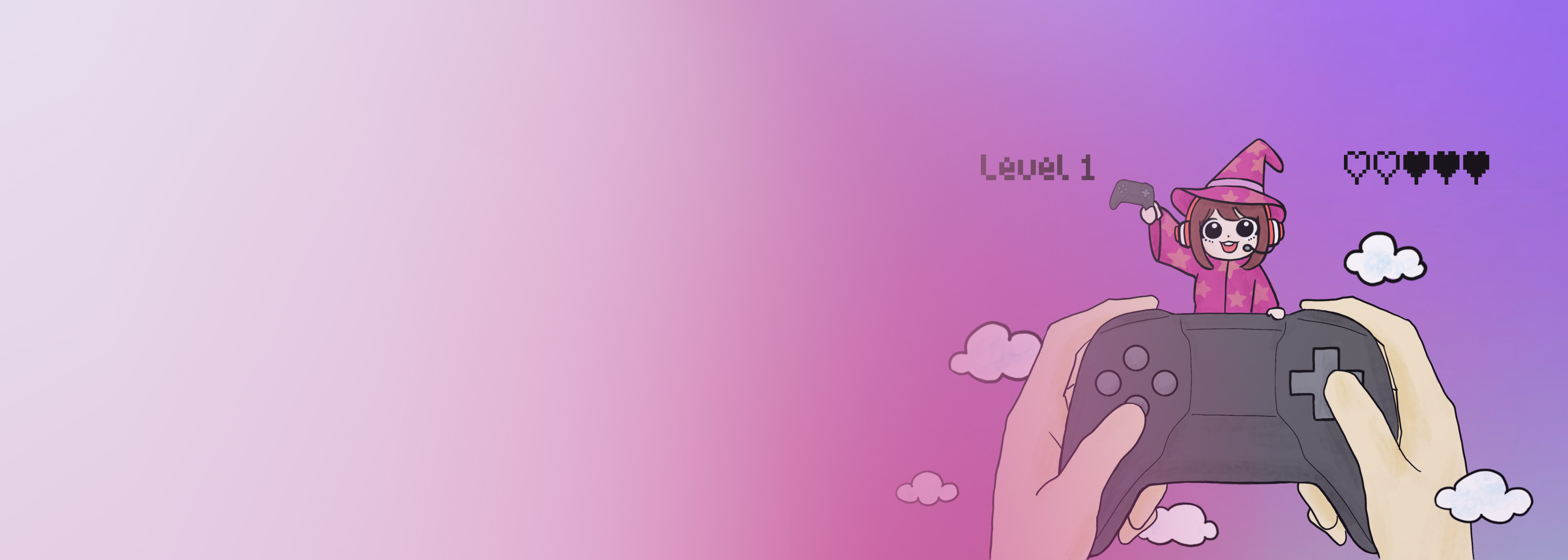 Illustration with a pixel-style gamer character in a wizard costume standing on a large video game controller, with pixelated hearts, 'Level 1' text, and a cloudy sky background in purple and pink gradient. Represents gaming and streaming with Unreal Engine on AWS EC2.