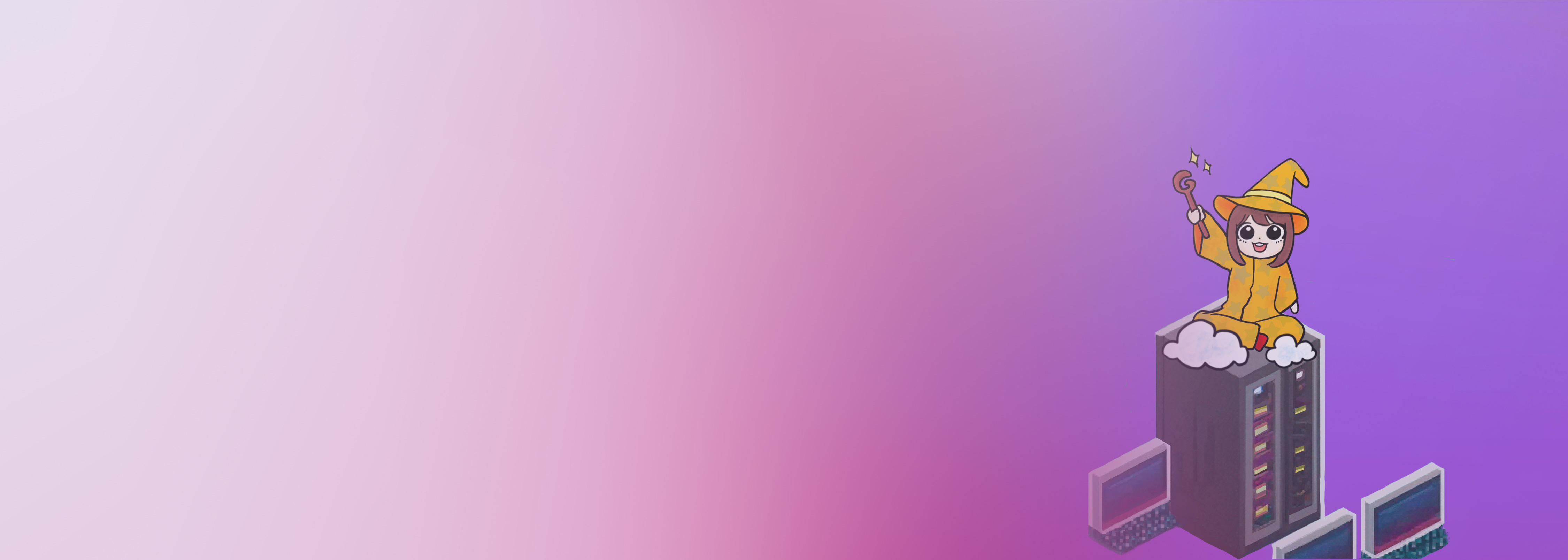 An illustration of a character in a yellow wizard outfit sitting on a server with computers around, set against a pink and purple gradient background. Represents the concept of a custom game backend.