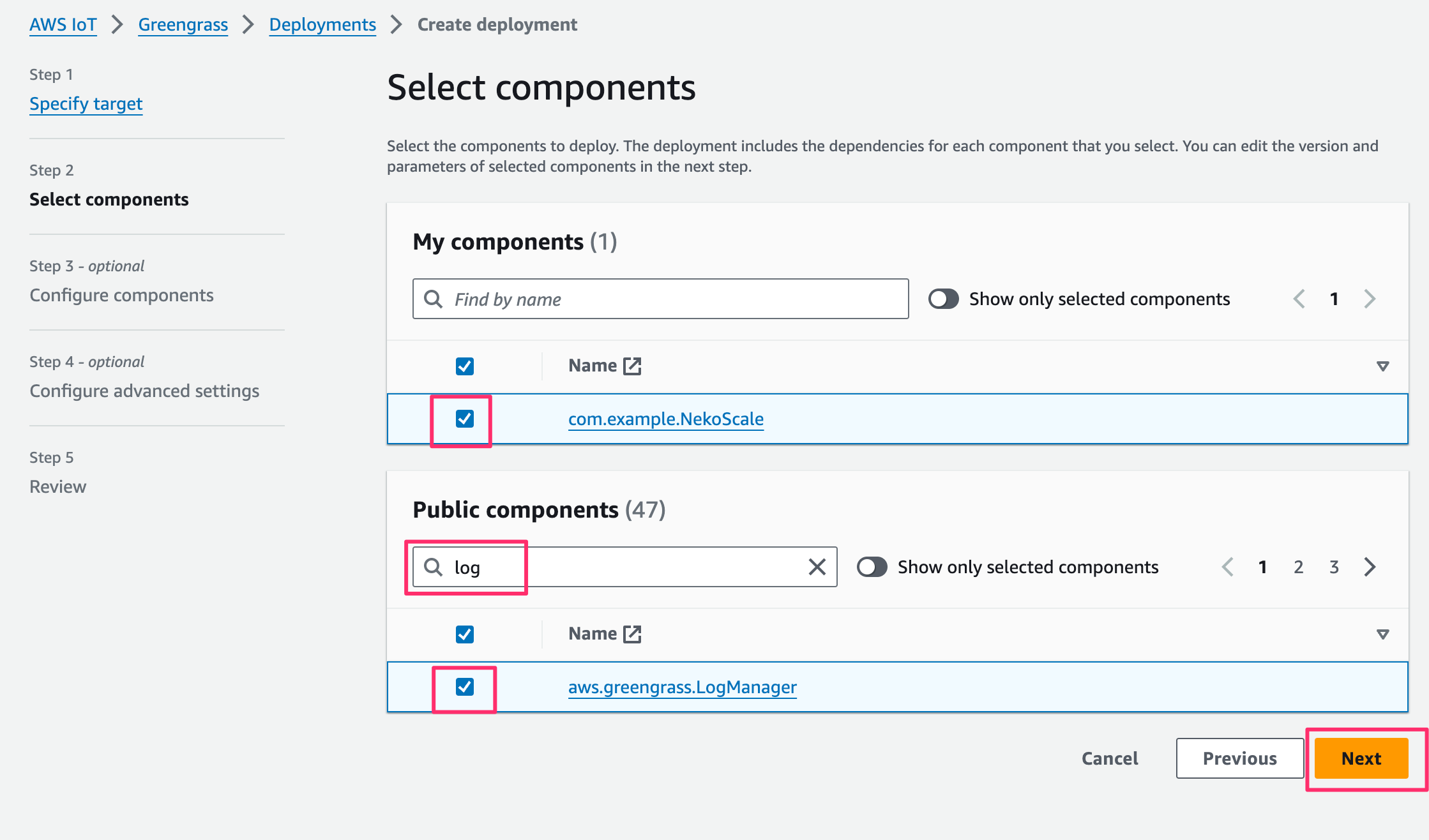 Screenshot of the AWS IoT Greengrass deployment process showing the 'Select components' step, where custom and public components such as com.example.NekoScale and aws.greengrass.LogManager are selected for deployment.