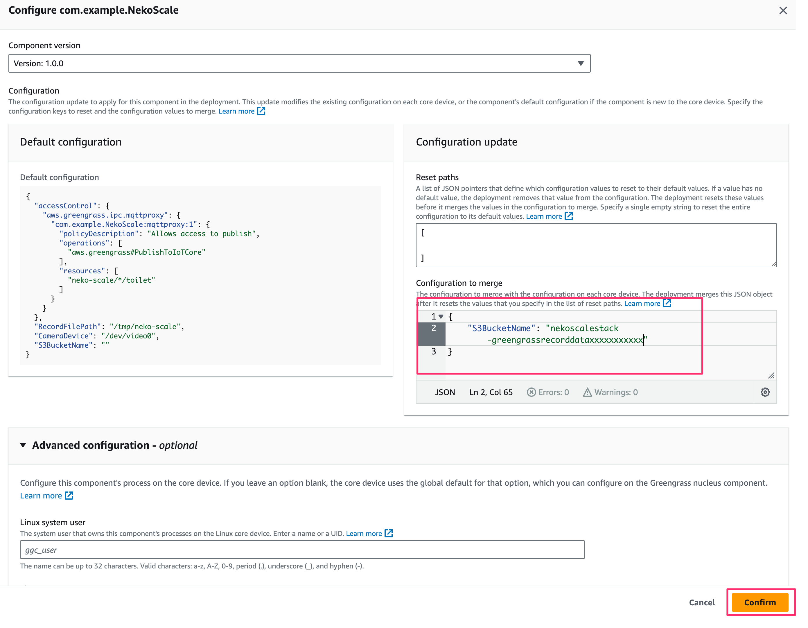 Screenshot showing an example configuration for the com.example.NekoScale component in AWS Greengrass, including JSON default configuration, S3 bucket name settings, and advanced configuration options in the AWS IoT console interface.