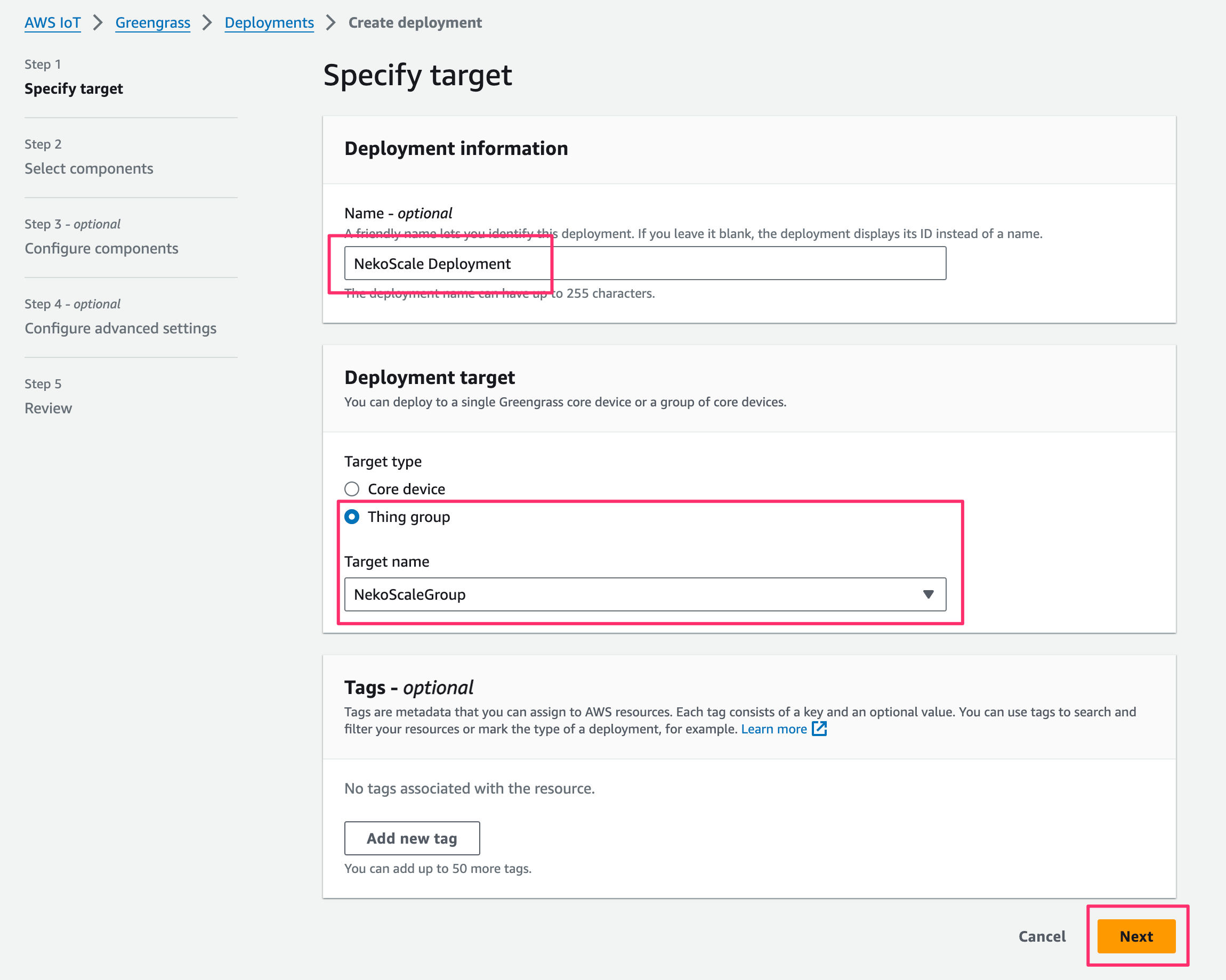 Screenshot of the 'Specify target' step in the AWS IoT Greengrass deployment process, showing a deployment named 'NekoScale Deployment' and targeting the 'NekoScaleGroup' thing group, with navigation and tag options highlighted.