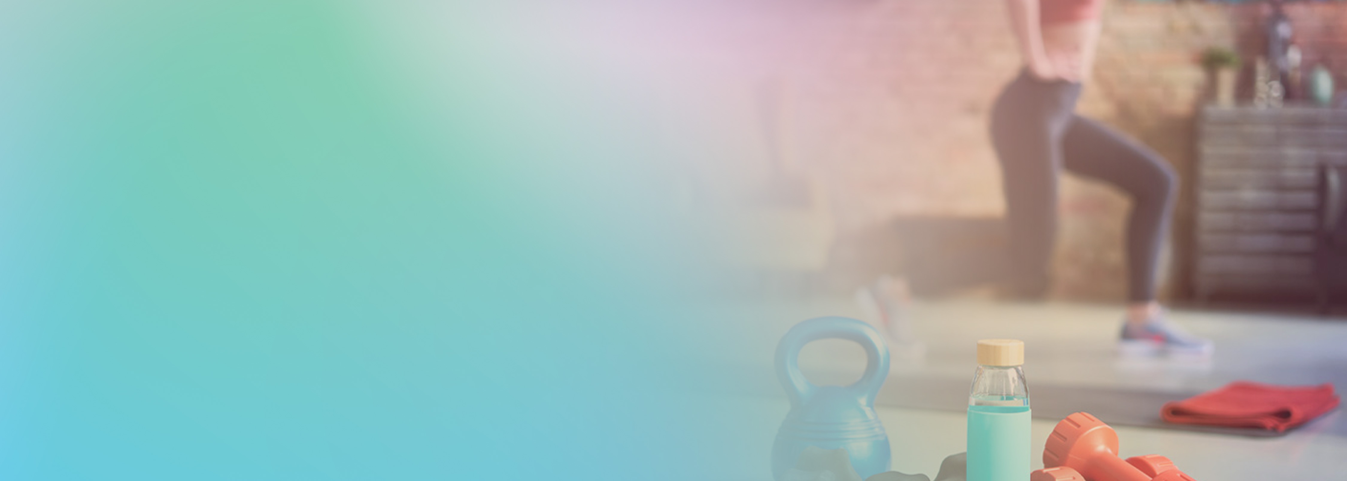 A workout scene with kettlebell, dumbbells, and a water bottle in the foreground, and a person exercising in the background. The image is overlaid with a blue-green gradient, representing the concept of IoT-enabled fitness or workout trainer solutions.