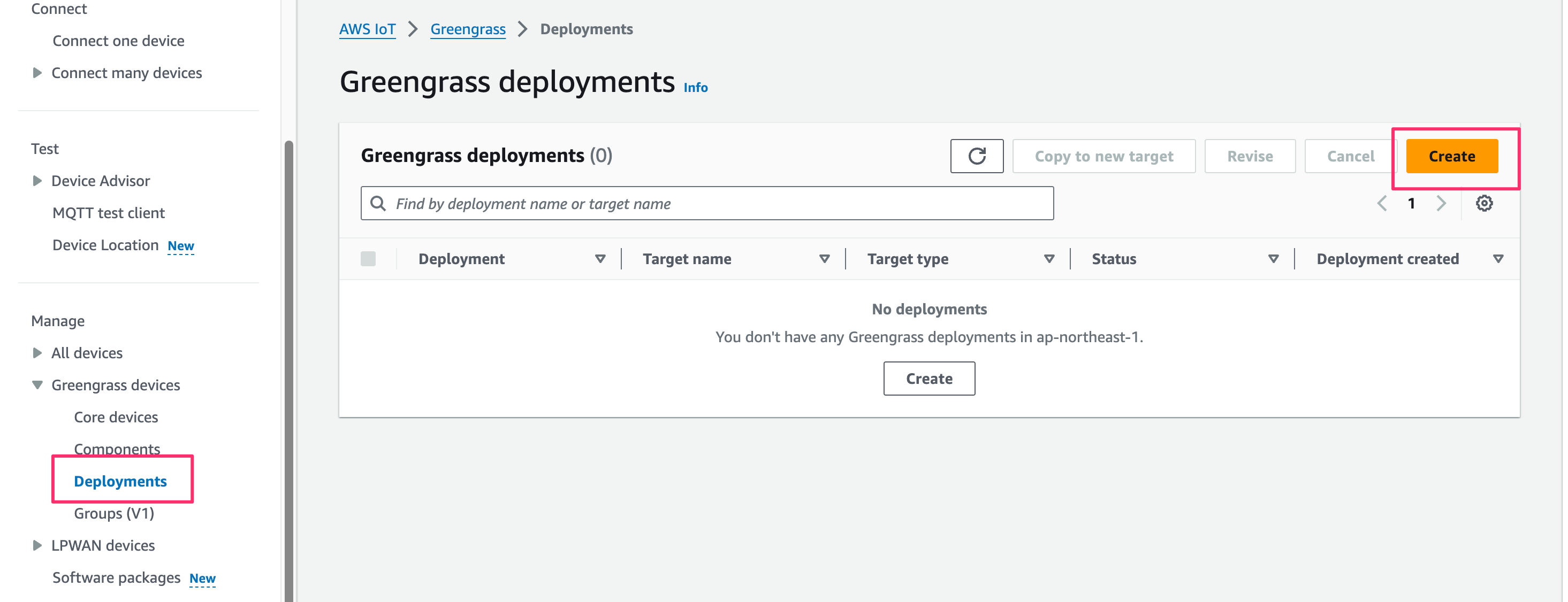 Screenshot of the AWS IoT Greengrass Deployments interface showing the option to create a new deployment within the AWS Management Console.