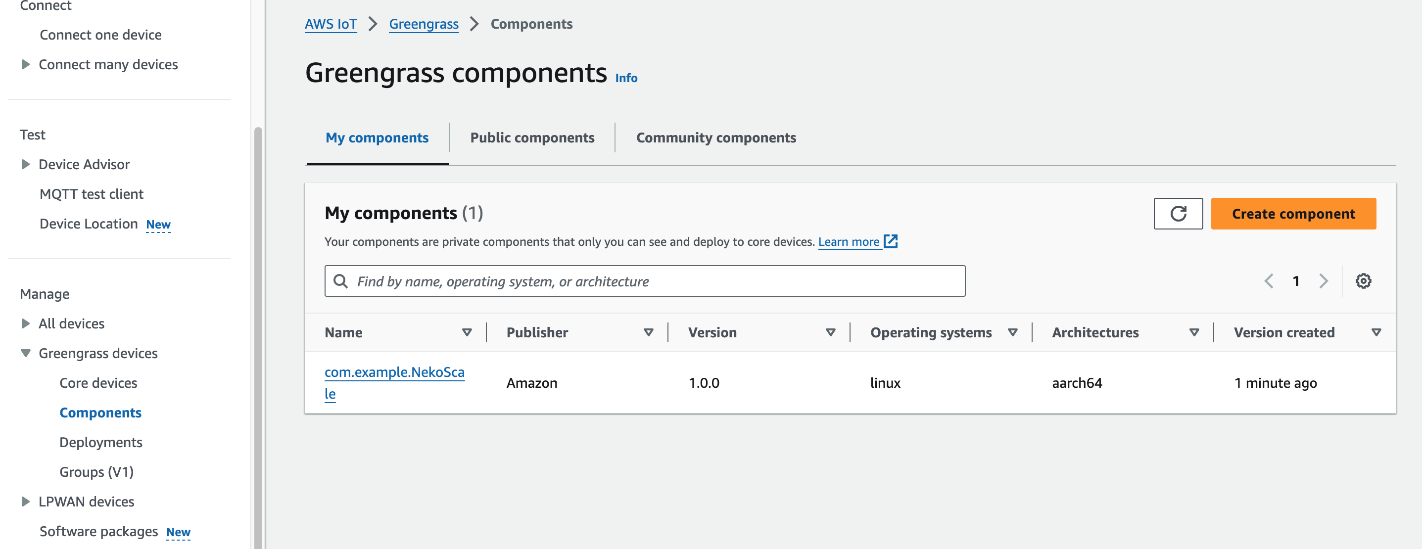 Screenshot of the AWS IoT Greengrass components management interface, showing the section for managing custom components, including details such as component name, publisher, version, operating system, architecture, and creation time.