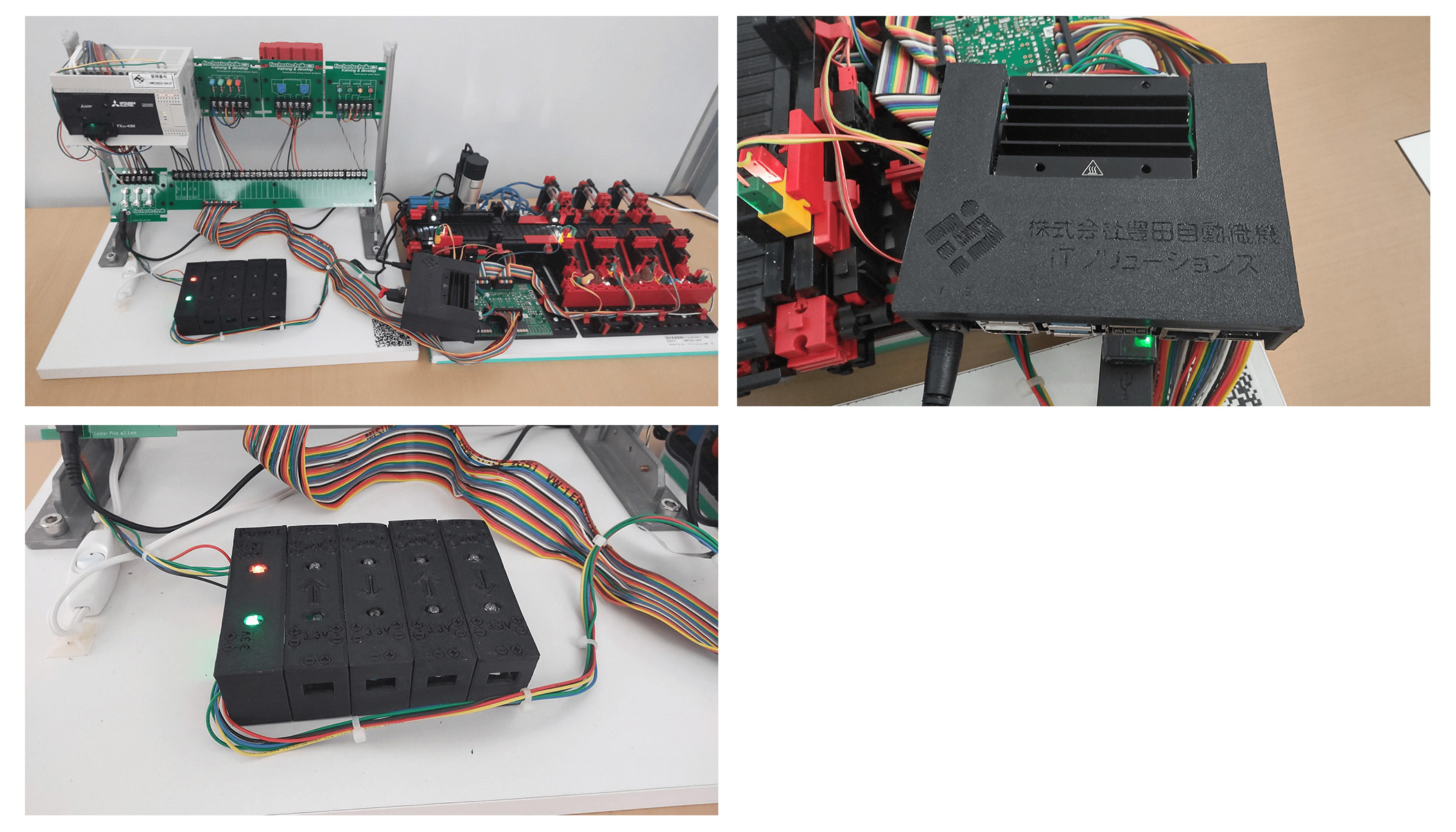 A set of images showing an IoT engineering test bench featuring various wired control modules, circuit boards, wiring harnesses, and electronic components on a desktop. The setup includes a close-up view of a control module in a black enclosure with Japanese text, colorful ribbon cables, and indicator lights, representing an industrial or automation control system.