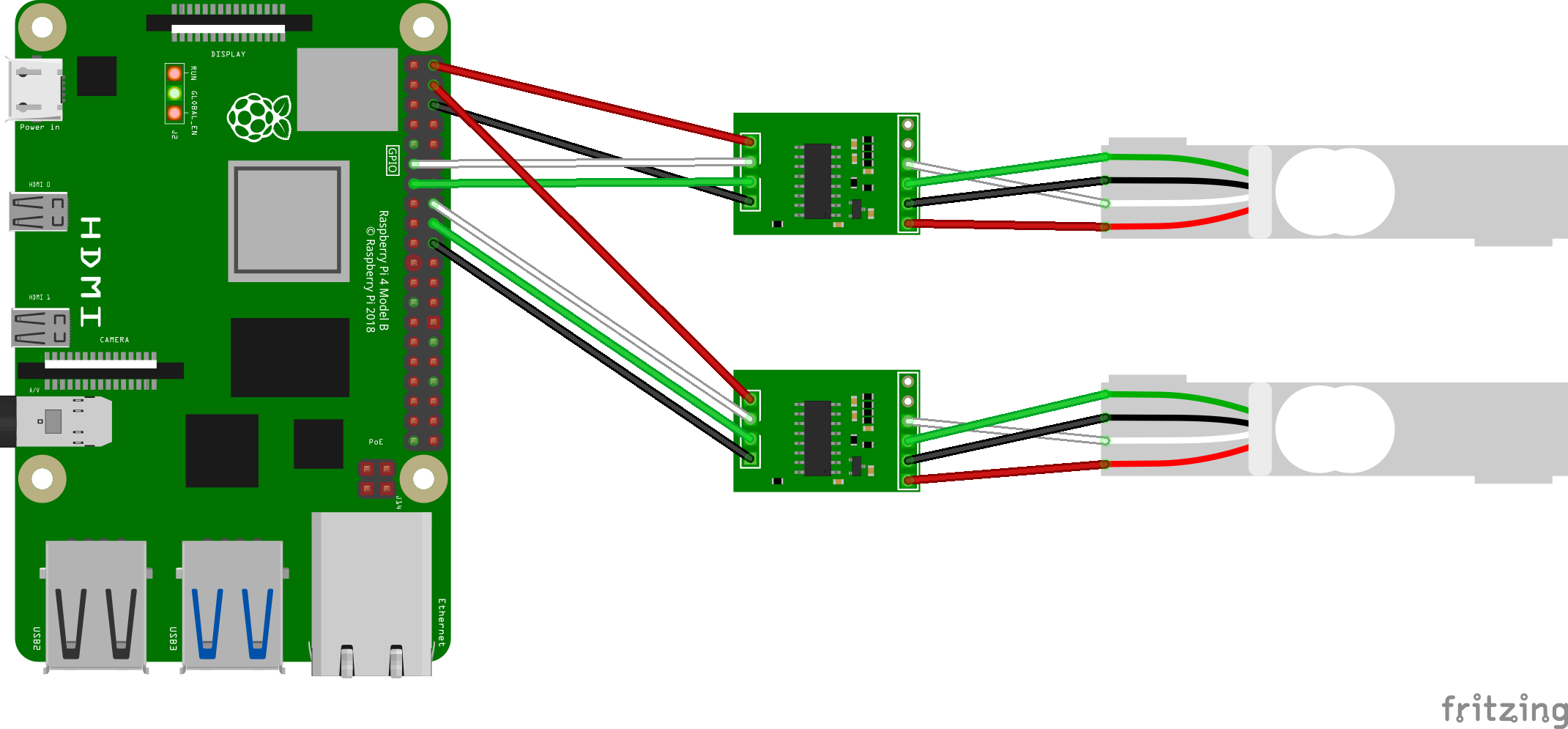A wiring diagram showing a Raspberry Pi 4 Model B connected to two ultrasonic distance sensors via interface boards, demonstrating connections using jumper wires. This illustration helps visualize electronic prototyping and IoT hardware integration.