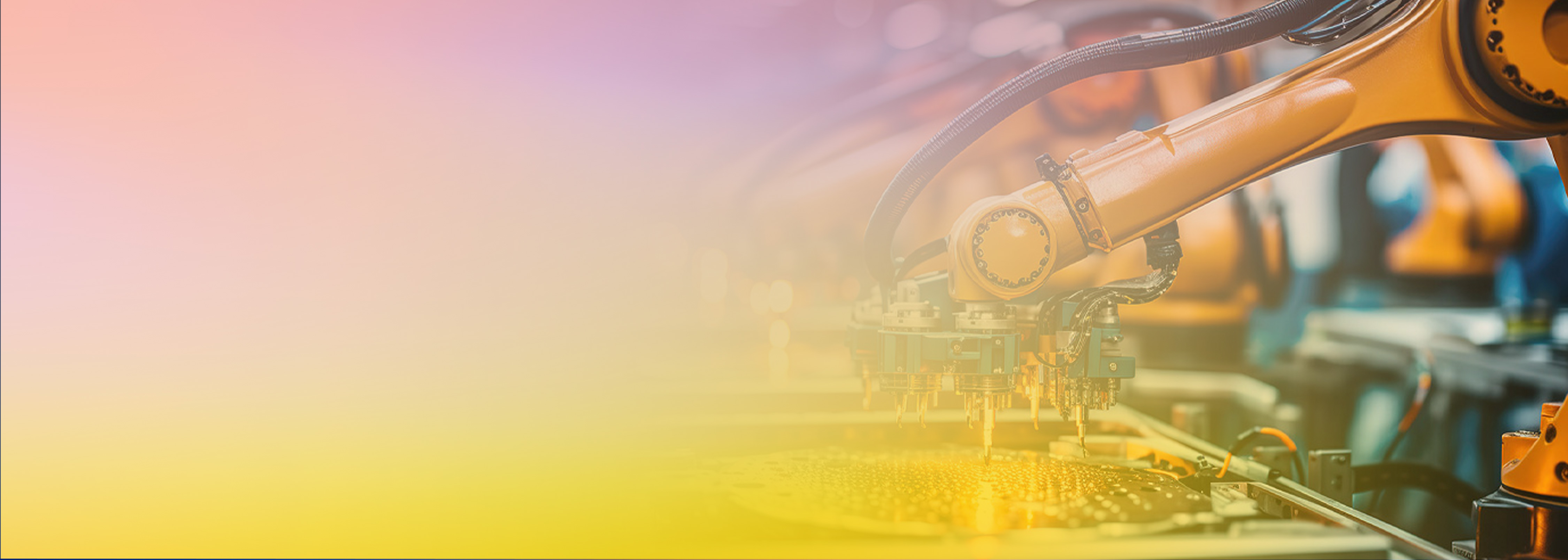 A close-up view of an industrial robotic arm operating on an assembly line, representing predictive maintenance and conservation in a modern manufacturing environment. The image features a vibrant gradient overlay, emphasizing automation and IoT in industry.