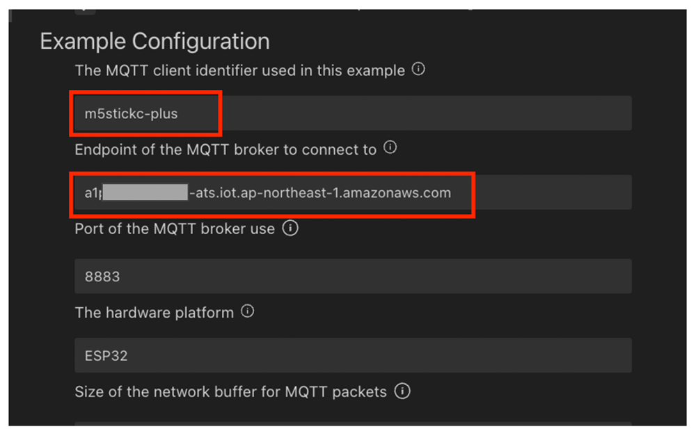 Screenshot showing example configuration for connecting an ESP32 IoT device ('m5stickc-plus') to an MQTT broker using AWS IoT. The image displays fields for client identifier, endpoint, port (8883), and hardware platform.