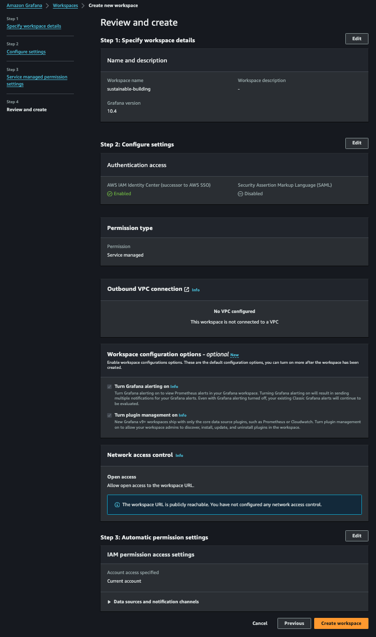 Screenshot of the Amazon Grafana console's 'Review and create' workspace screen, showing configuration details for a workspace named 'sustainable-building'. The view includes authentication access, permission type, VPC connection status, workspace configuration options, network access control, and IAM permission access settings.