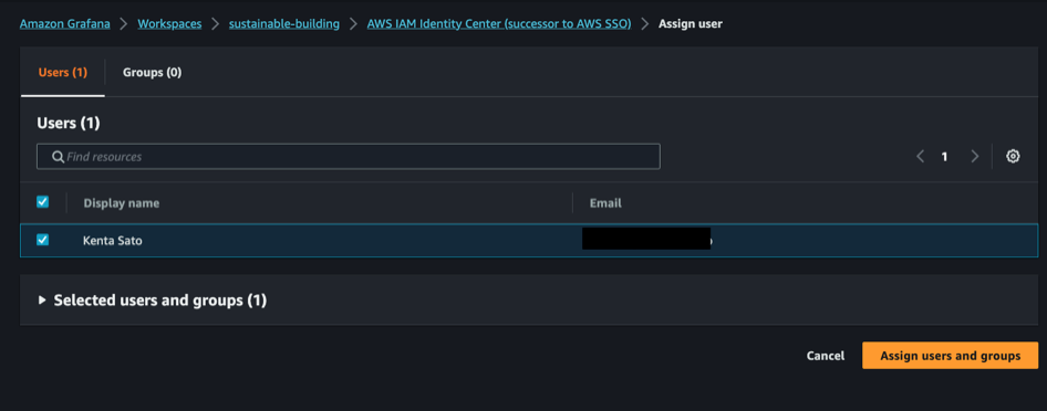 Screenshot of the AWS Management Console showing the process of assigning a user (with data redacted) in AWS IAM Identity Center (successor to AWS SSO) for a workspace related to smart sustainable building management. The highlighted action is 'Assign users and groups.'