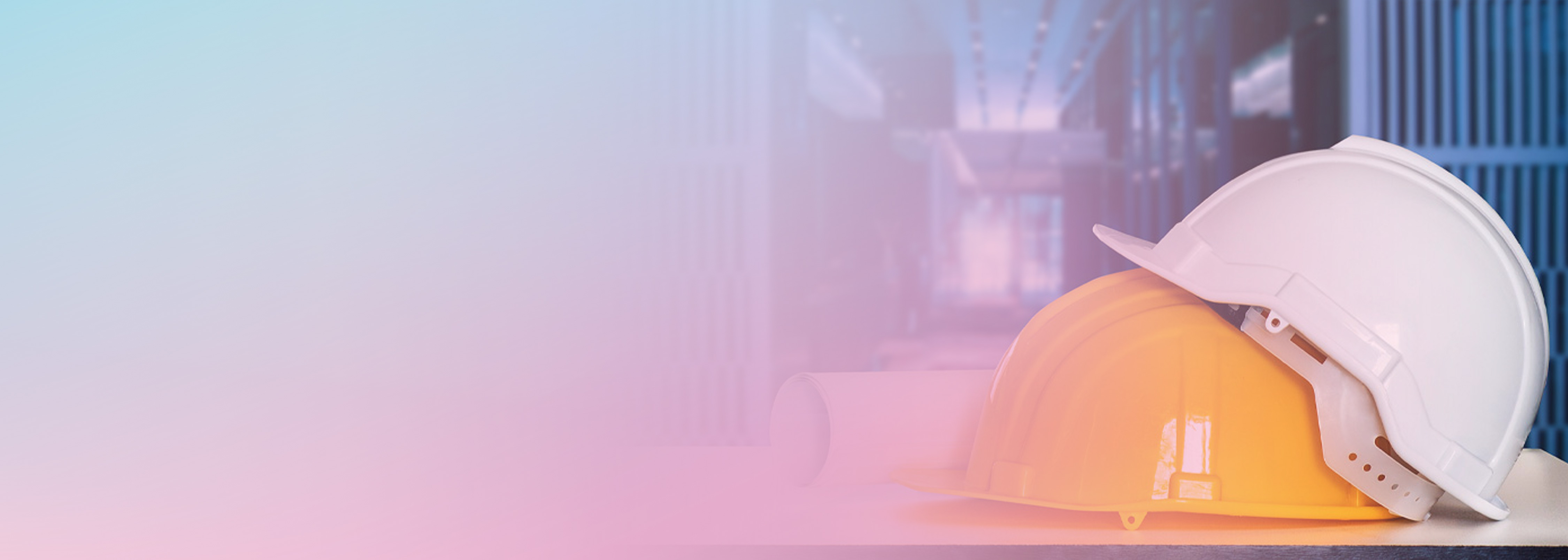 White and yellow construction hard hats stacked on top of blueprints, set against a blurred background with blue and pink gradients, symbolizing management, governance, and planning.