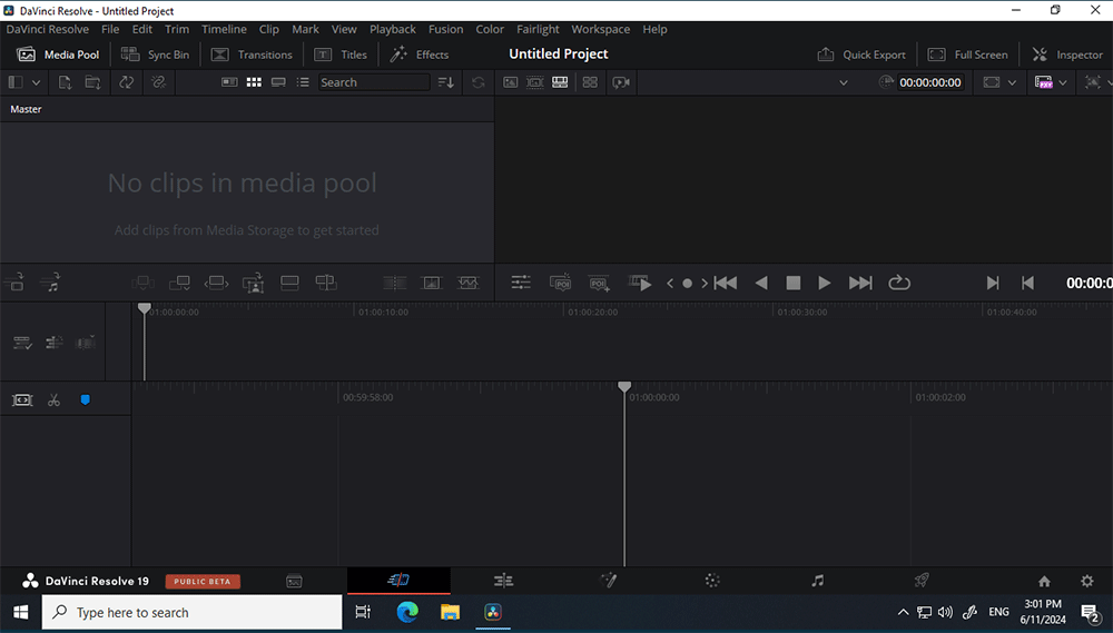 Screenshot of the DaVinci Resolve 19 video editing software showing an untitled project with no clips in the media pool. The main editing timeline and menu options are visible, and the software is running on a Windows desktop.