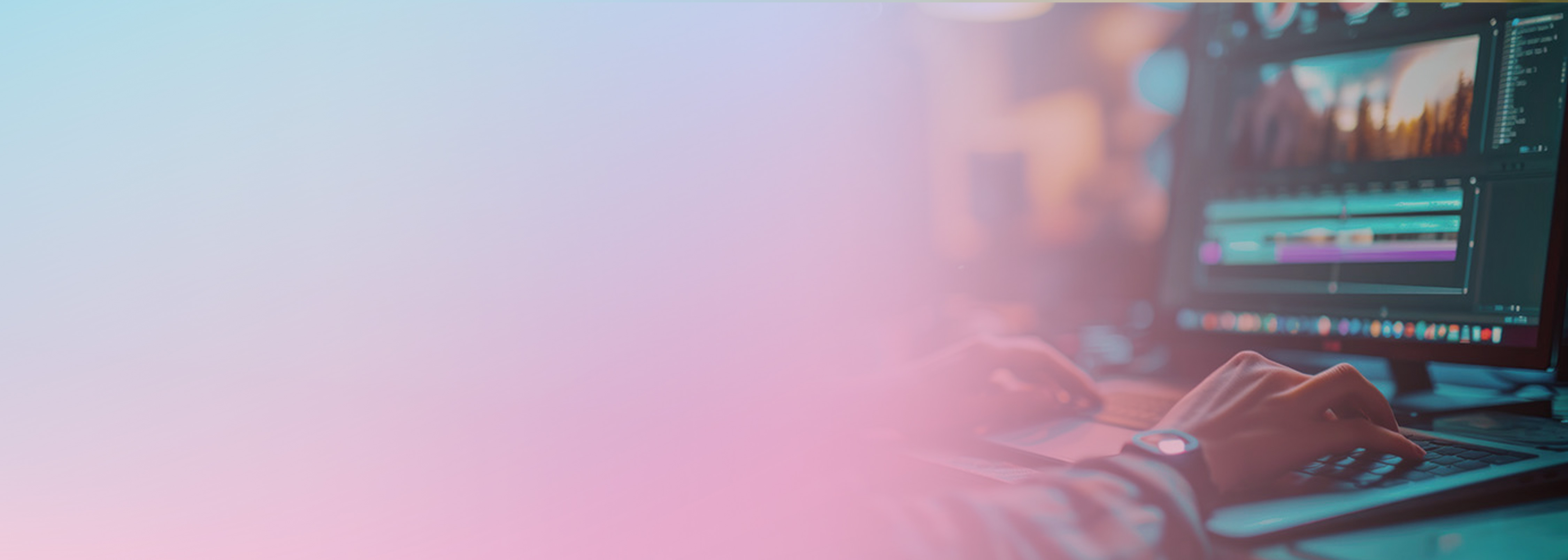 A person using a keyboard in front of a monitor displaying video editing software, representing content creation with NICE DCV remote desktop software.